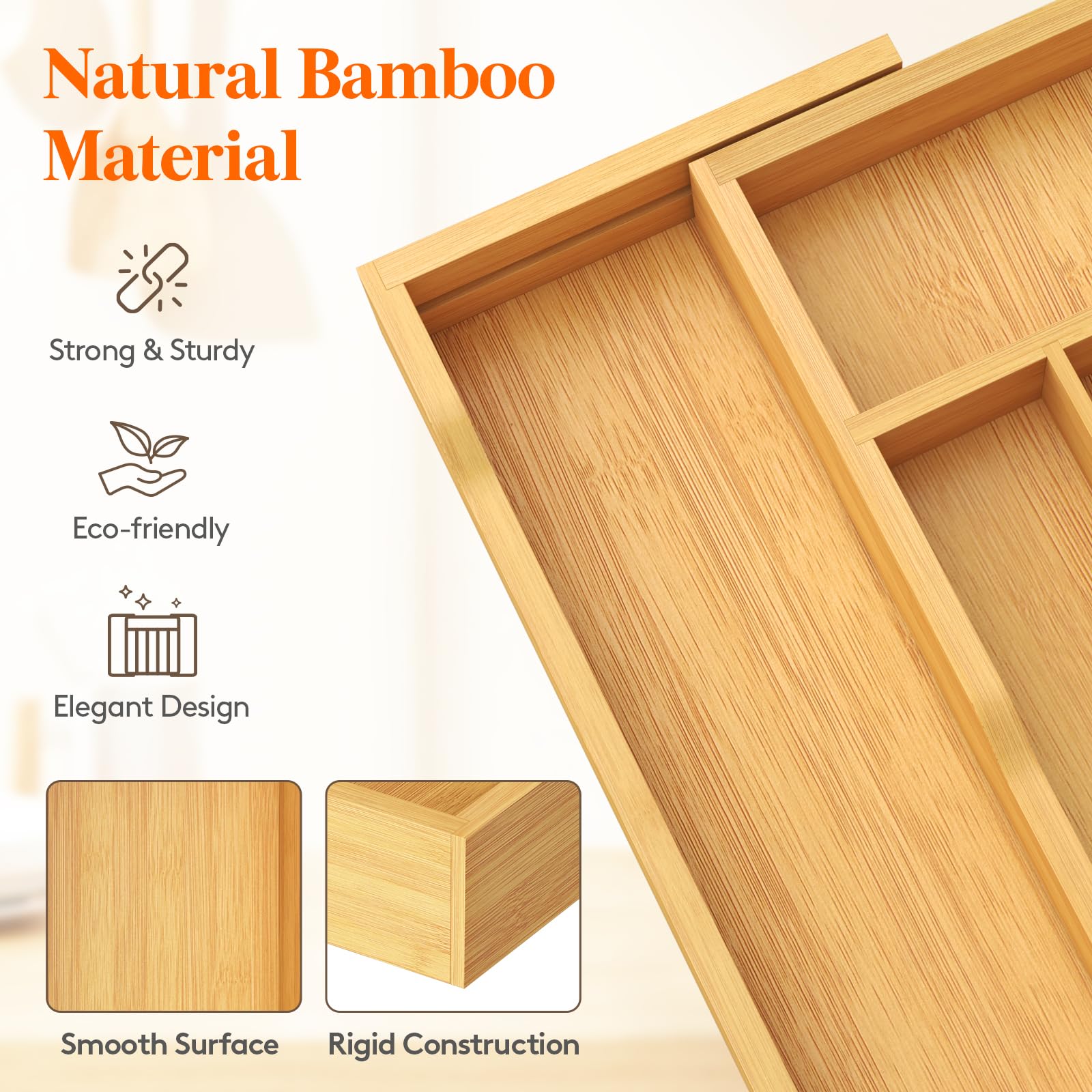 Expandable Bamboo Silverware Drawer Organizer - Adjustable Utensil Tray for Spoons, Forks & Knives - Natural Wood Kitchen Storage for Flatware & Cutlery | Perfect for Kitchen Organization, Dining Room Storage & Utensil Management