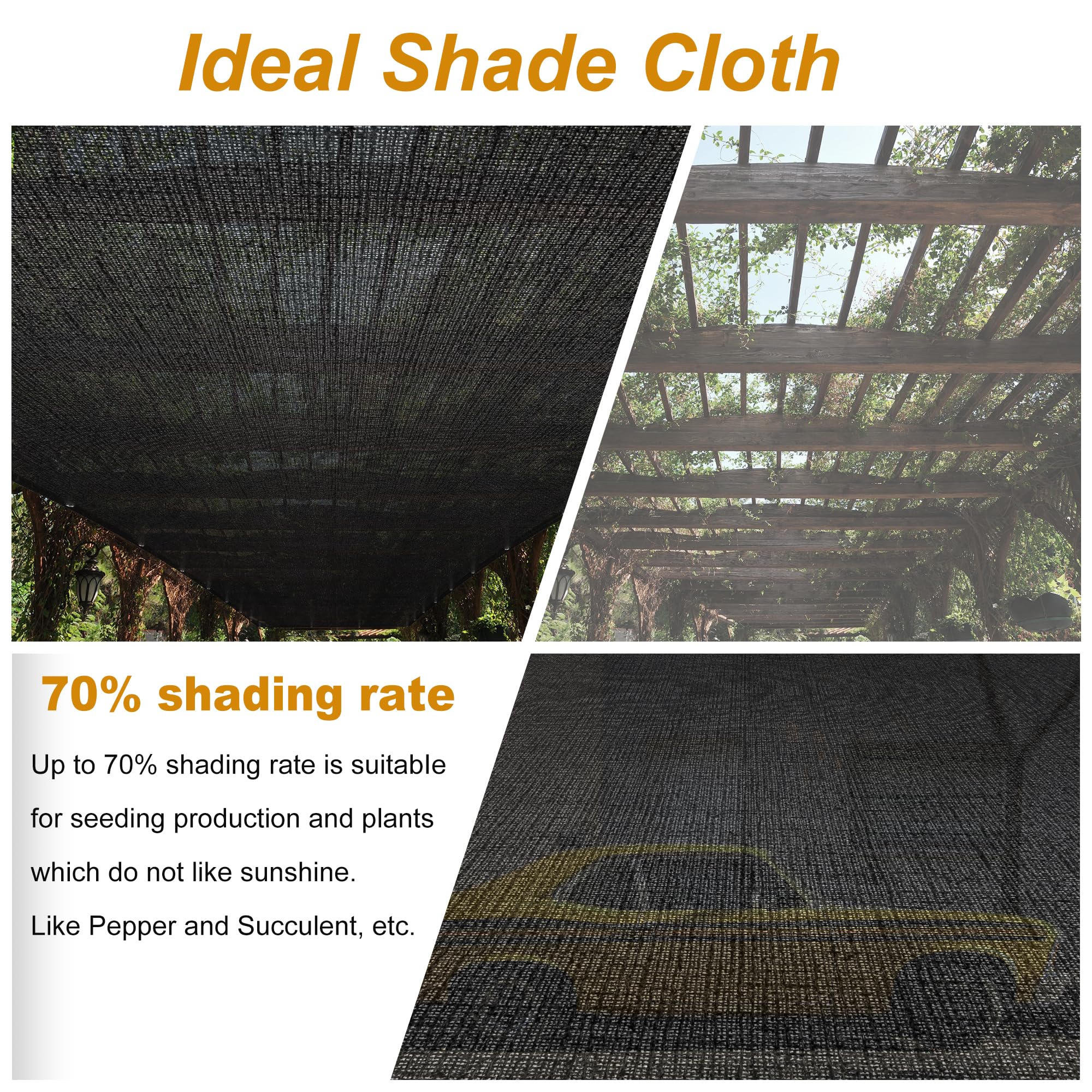 SPORTYOUTH 70% Shade Cloth - 10x20 ft Black UV Resistant Sunblock Mesh Tarp with Grommets | Heavy Duty HDPE Sun Shade Net for Garden, Greenhouse, Pergola, Patio, RV, Chicken Coop & Outdoor Canopy Protection