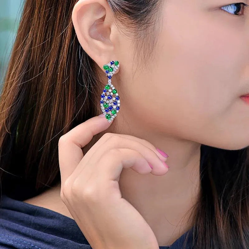 Natural 9.28ctw Cabochon Round Sapphire Emerald Diamond Earrings in 18K Gold - Vintage English Lock Design for Women - Perfect for Weddings, Parties & Special Occasions