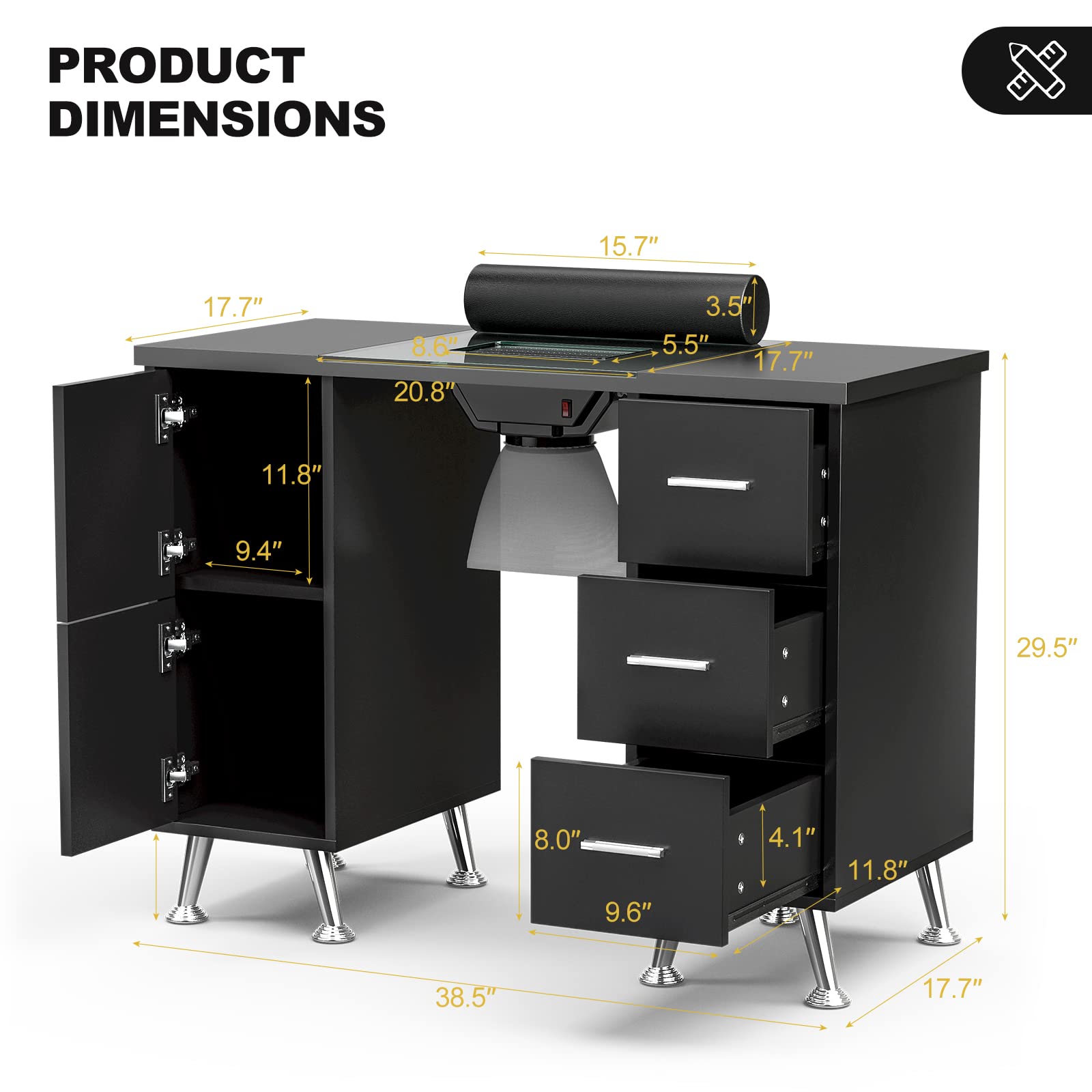 Premium Nail Tech Table with Electric Downdraft Ventilation - Glass Top Manicure Station for Salon Professionals, Includes Wrist Cushion, Storage Drawers & Golden Metal Legs (Black) - Perfect for Nail Salons, Spa Treatments & Home Beauty Studios