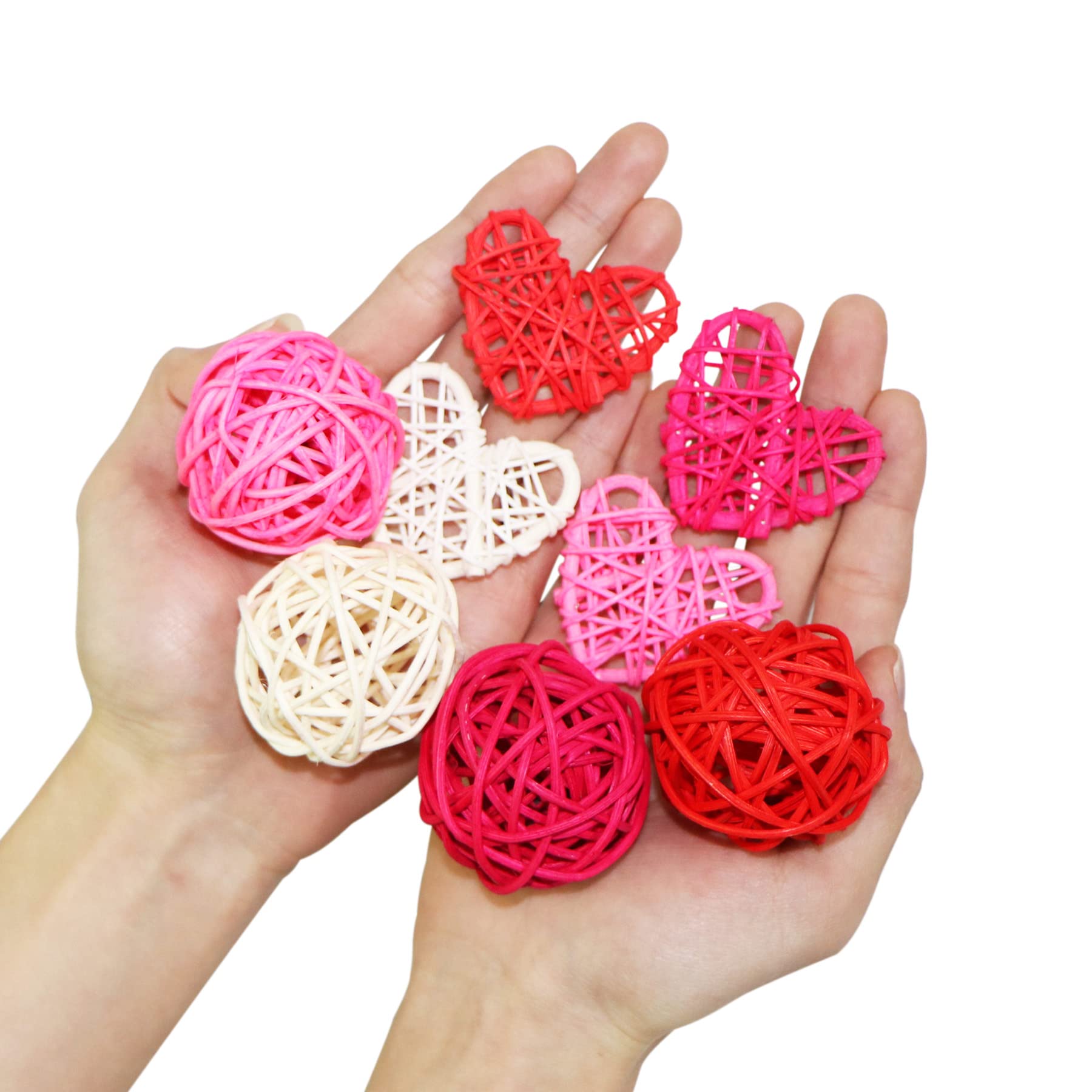 32 Pcs 2 Inch Valentine’s Day Heart & Round Rattan Balls - Natural Wicker Decor for DIY Vase Fillers, Wedding Centerpieces, Table Scatter - Perfect for Valentine’s Day, Home Decor, and Party Decorations