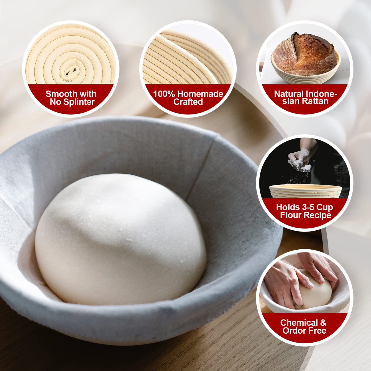 Banneton Bread Proofing Basket Set - 9'' Round, 10'' Oval & Baguette Cane Sourdough Proofing Baskets with Dough Whisk, Scrapers & Bread Lame - Complete Sourdough Bread Baking Kit for Artisan Bread Making at Home