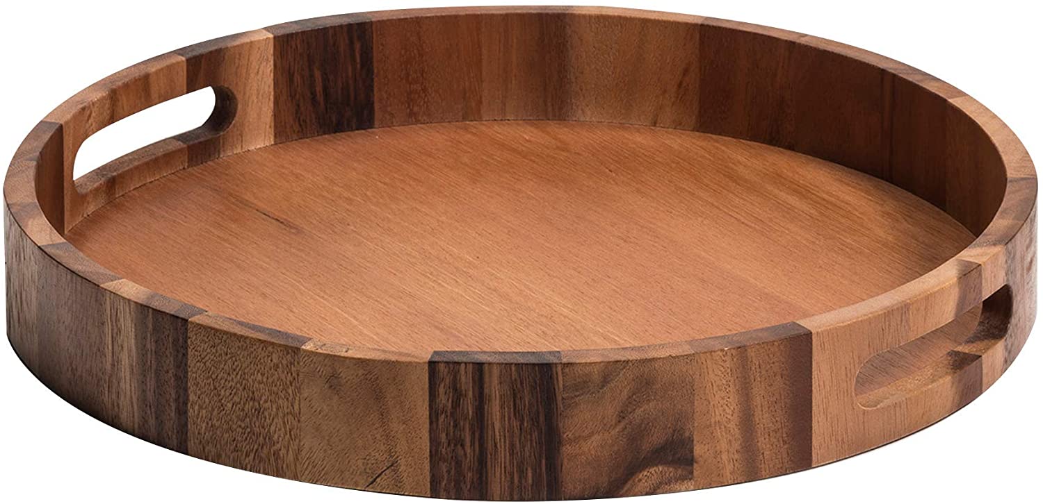 Kalmar Home 15-inch Round Acacia Wood Serving Tray & Charcuterie Board - Eco-Friendly Wooden Cheese Plate for Entertaining, Dining, and Kitchen Decor