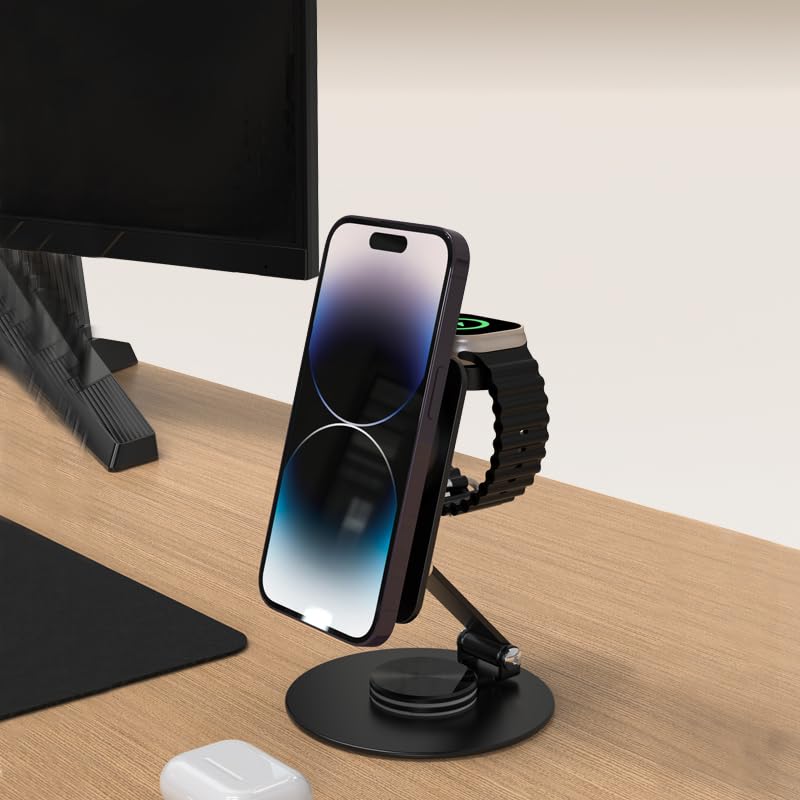 2-in-1 Foldable MagSafe Wireless Charging Station for iPhone 15 Pro/14/13/12 & Apple Watch 9/8/7/6/SE/5/4/3/2 - Fast Charging Stand with AirPods Holder (Black) | Perfect for Bedside, Office & Travel Use