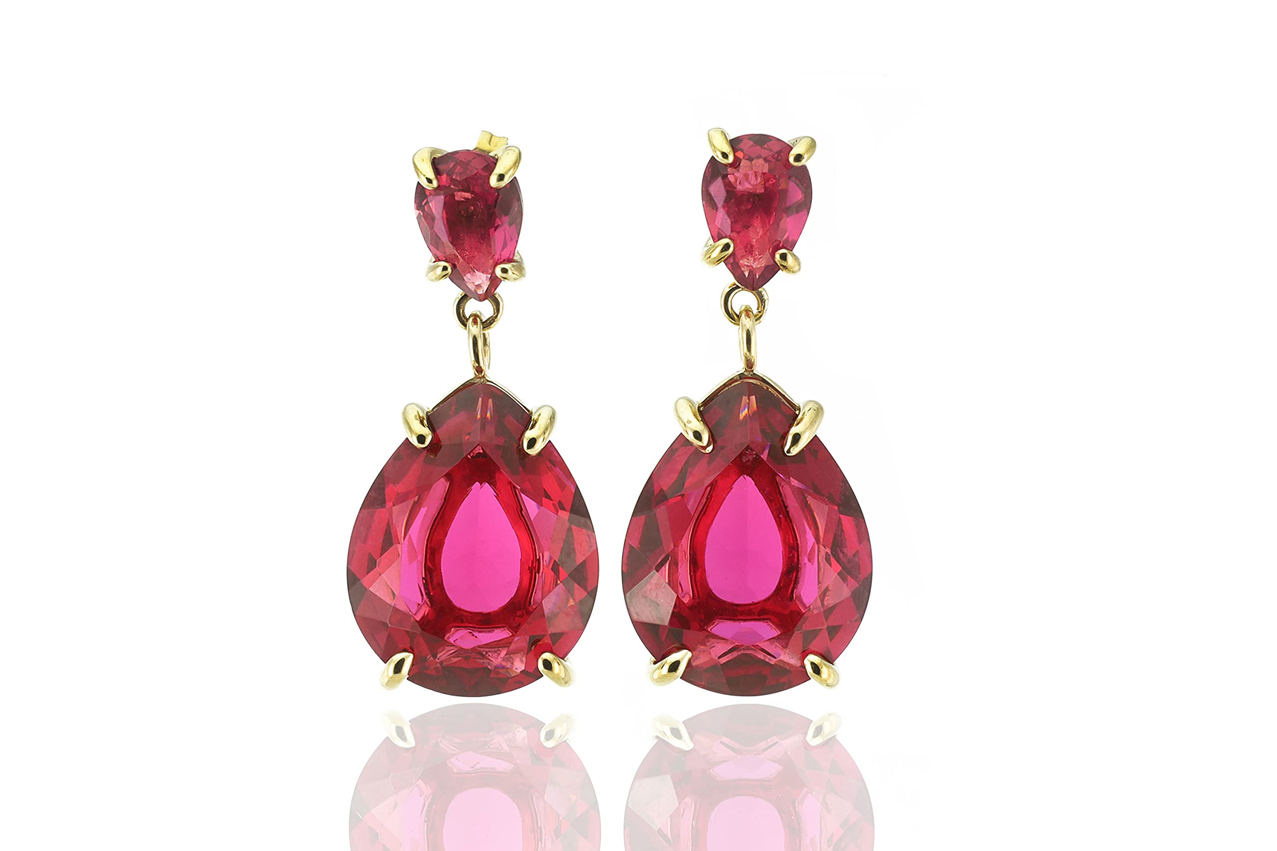 Pink Tourmaline Dangle Earrings for Women - 14K Gold Coated October Birthstone Jewelry - Pear Cut Faceted Gemstone Vermeil Earrings - Elegant Two-Tier Drop Earrings for Party, Wedding & Everyday Wear