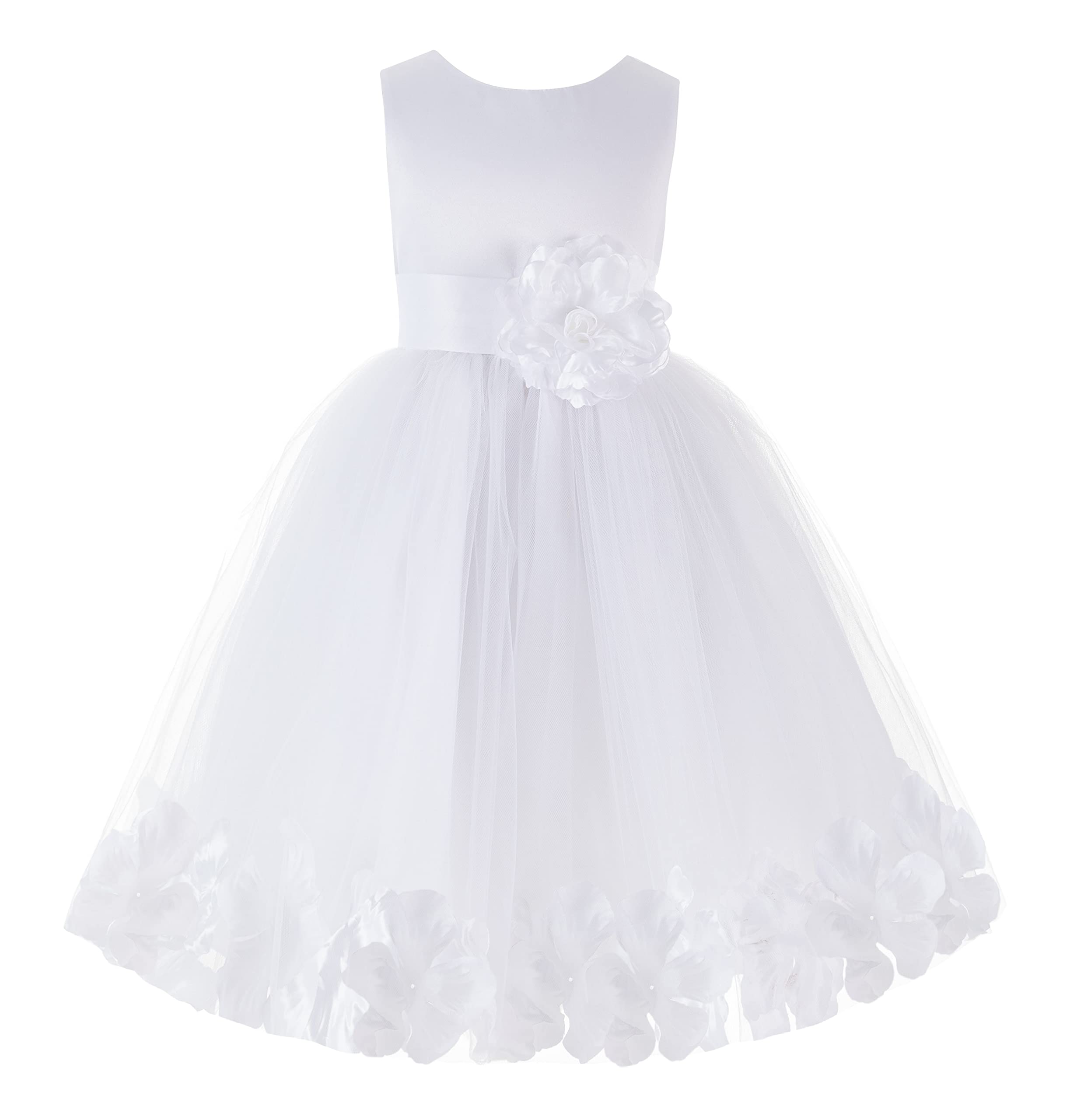 White Tulle Rose Petals Flower Girl Dress - Elegant Christening Gown for Weddings, Baptisms & Special Occasions (Style 302T, Size 10)