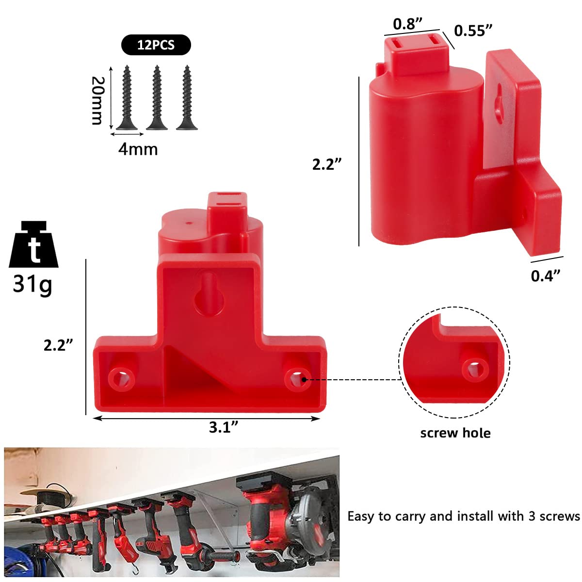 4-Pack Heavy Duty Milwaukee M12 12V Lithium Battery Mount Holder - Durable Plastic Power Tool Hanger with Screws for Secure Storage - Perfect for Workshop, Garage & Job Site Organization