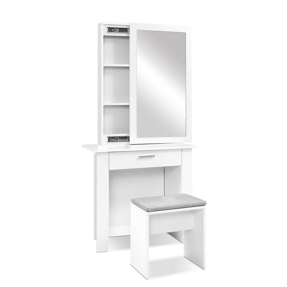 Artiss White Sliding Mirror Dressing Table Stool Set - Vanity Stool with Adjustable Mirror for Bedroom, Bathroom & Makeup Area