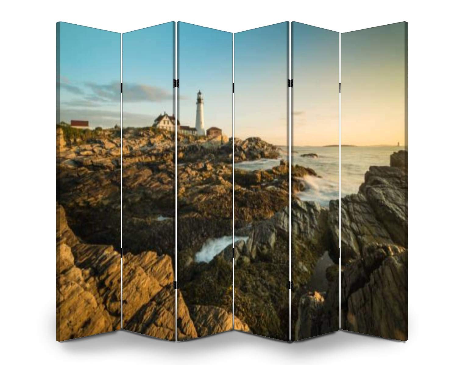 6-Panel Folding Room Divider Screen - Portland Head Lighthouse Maine Sunrise Design - Freestanding Privacy Partition for Indoor/Outdoor Use - Perfect for Home Office, Nursery Separation, or Event Decoration