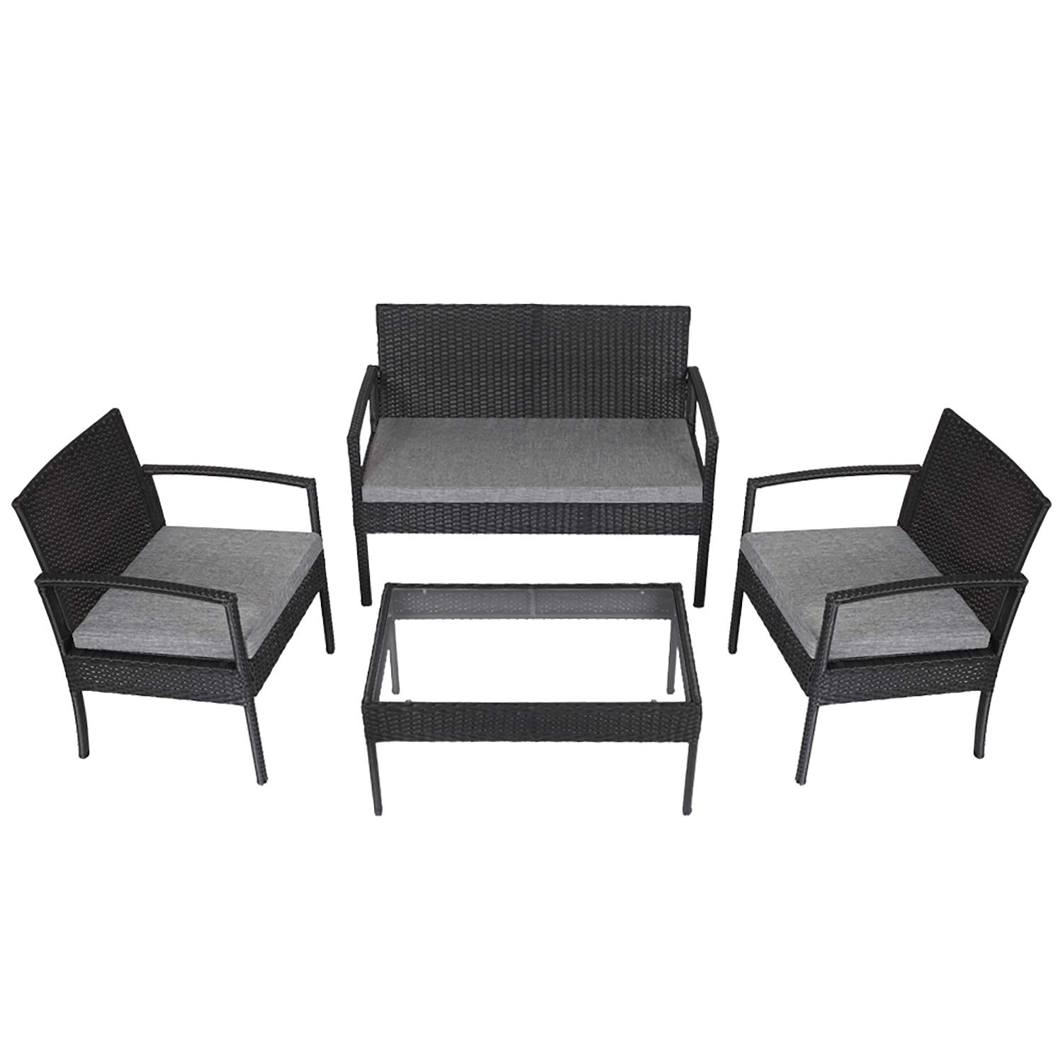 Outdoor Rattan Wicker Patio Furniture Set - 4 Piece Black Cushioned Sofa with Coffee Table for Garden, Porch & Backyard | SECRET DESK by Ashley Furniture | Perfect for Relaxing, Entertaining & Sunbathing
