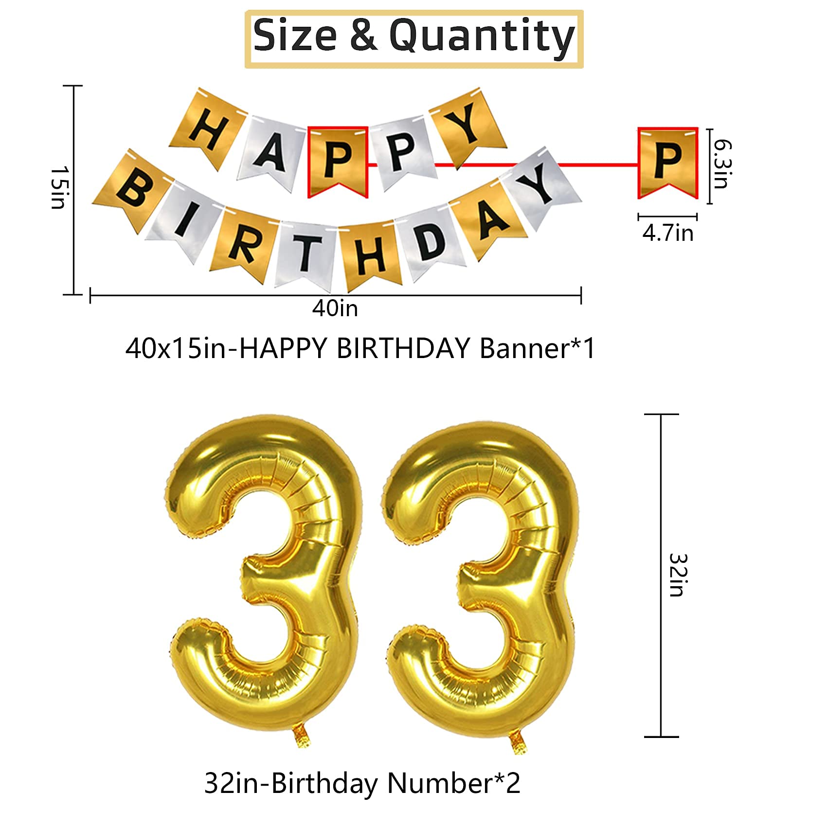 33rd Birthday Party Decorations Set - Gold & Black Theme for Men & Women - Includes 33 Gold Number Balloons & Happy Birthday Banner | Perfect for Milestone Birthday Celebrations, Adult Parties & Anniversary Decor