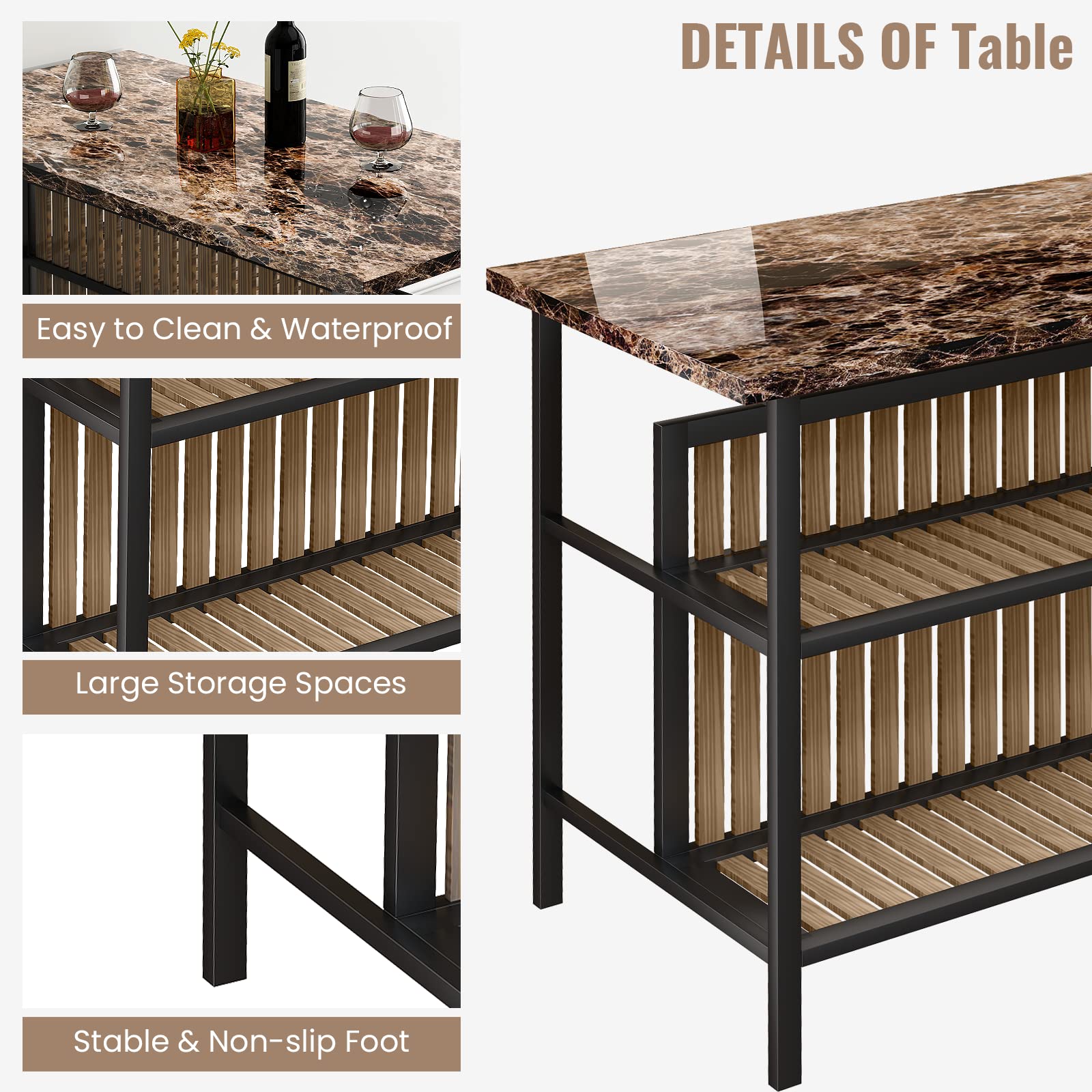 AWQM 3-Piece Wooden Bar Table Set with Storage & Seating - Kitchen Island Counter Height Dining Set in Brown - Perfect for Small Spaces, Breakfast Nook & Entertaining Guests