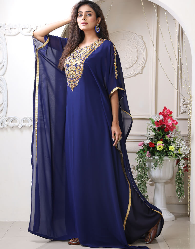 Exquisite Arabic Dark Blue Georgette Farasha with Stone Embroidery - Perfect for Weddings, Parties & Special Occasions