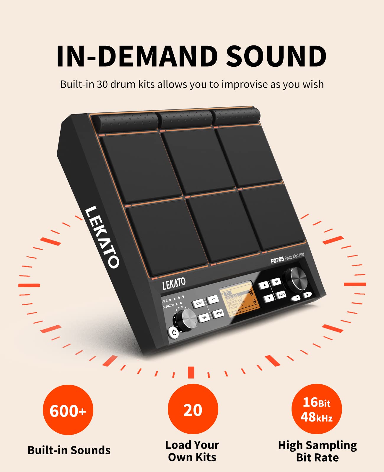 LEKATO 9-Pad Electronic Drum Pad with 592+ Sounds - Velocity-Sensitive Percussion Sample Pad with MIDI Out, USB MIDI, AUX, Looper & Metronome - Perfect for Home Studio Recording, Live Performances & Drum Practice