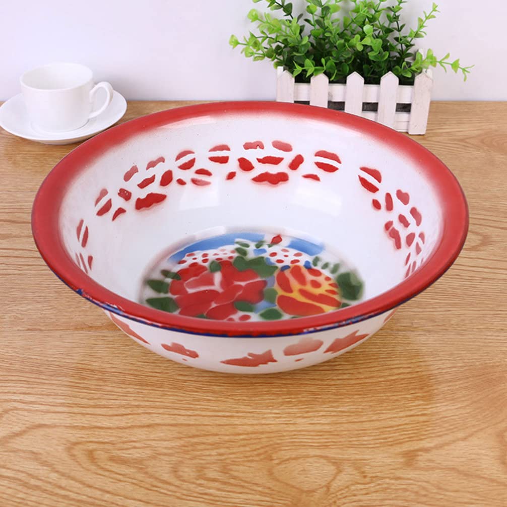 复古搪瓷洗菜盆 38x38cm 厨房搪瓷容器 多功能洗菜篮 水果蔬菜清洗篮 适用于厨房收纳与食材处理