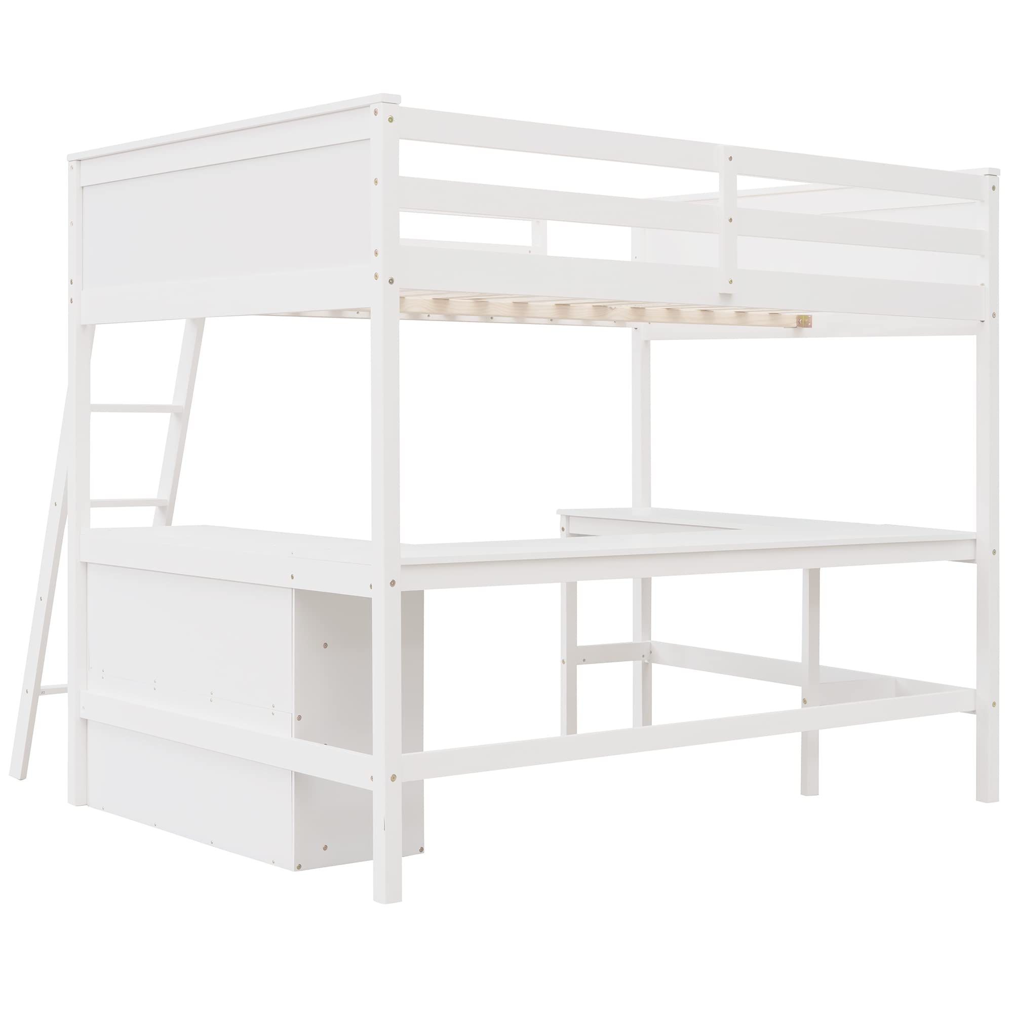 Full Size Loft Bed with Desk & Bookcase - Sturdy Wooden Loft Bed Frame for Kids, Teens & Adults - Space Saving Study & Sleep Solution - White