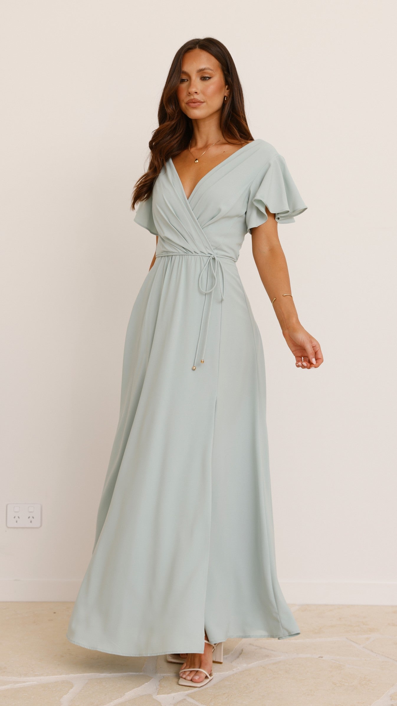Charlize Women's Maxi Dress - Flowy Long Boho Dress with V-Neck & Side Slits in Sage Green - Perfect for Beach, Vacation & Summer Outfits