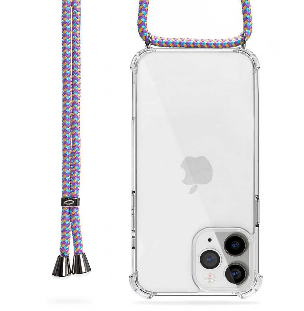 Premium Transparent Silicone Phone Case with Adjustable Crossbody Strap for iPhone 12 & 12 Pro - Trendy Lilac Multicolor Design | Perfect for Hands-Free Use While Shopping, Traveling & Outdoor Activities