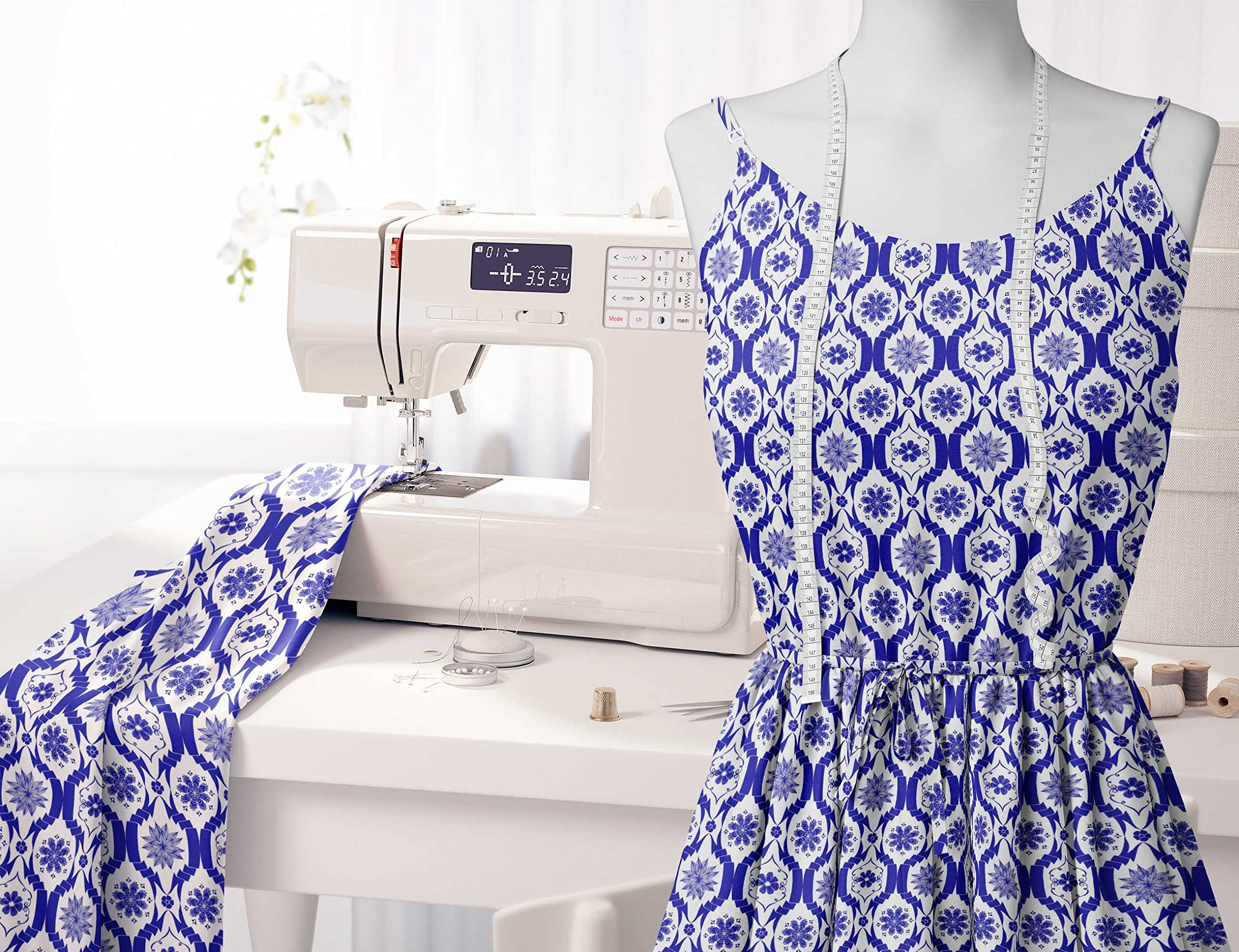 Soimoi Moss Georgette Blue Fabric by The Yard - 42 Inch Wide Floral Damask Printed Textile for Dresses, Scarves & DIY Crafts - Lightweight Flowy Material for Elegant Apparel & Home Decor Projects