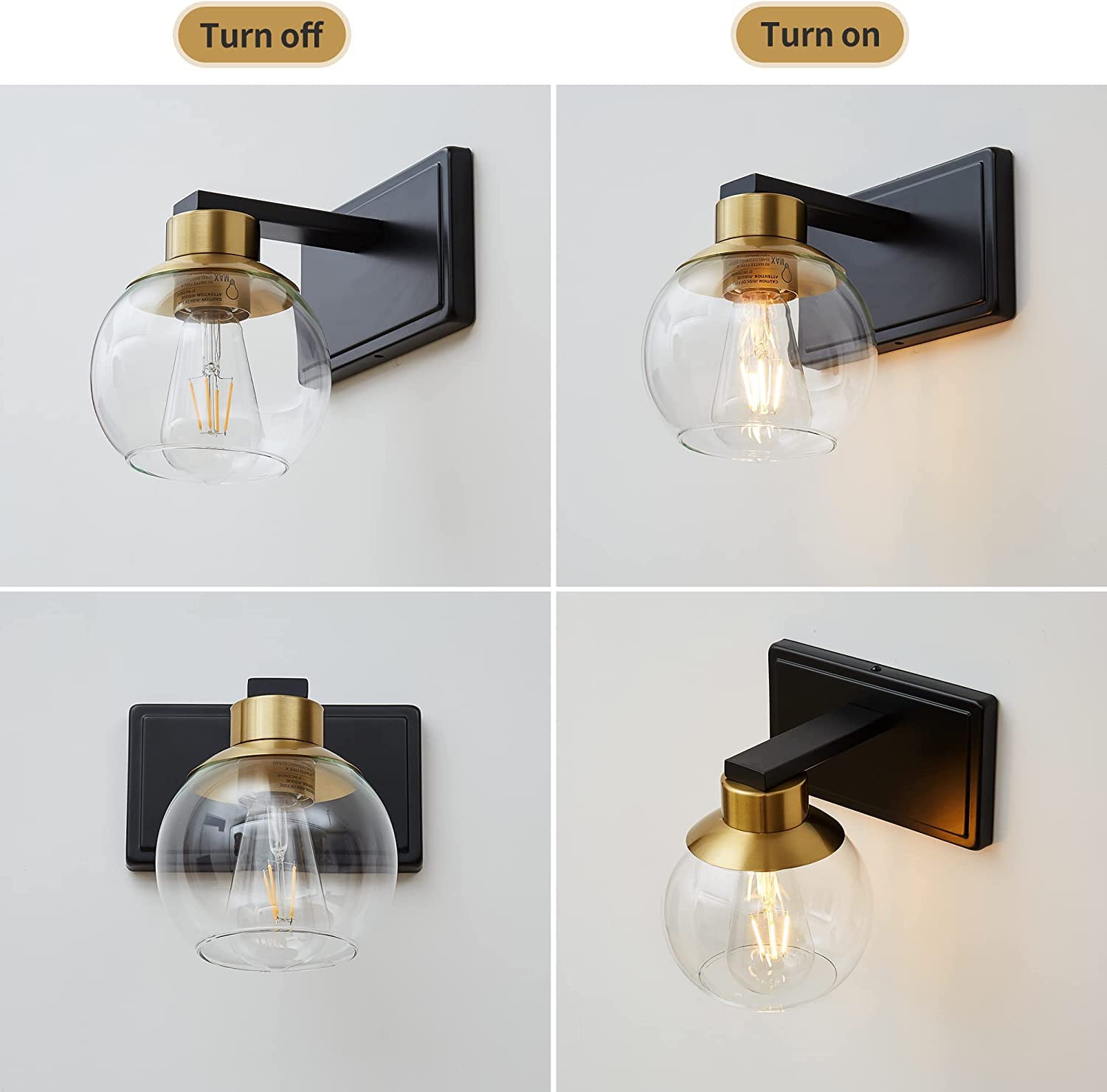 PAZALA 2 Pack Black Gold Wall Sconces - Modern Bedroom Lighting for Bathroom & Living Room