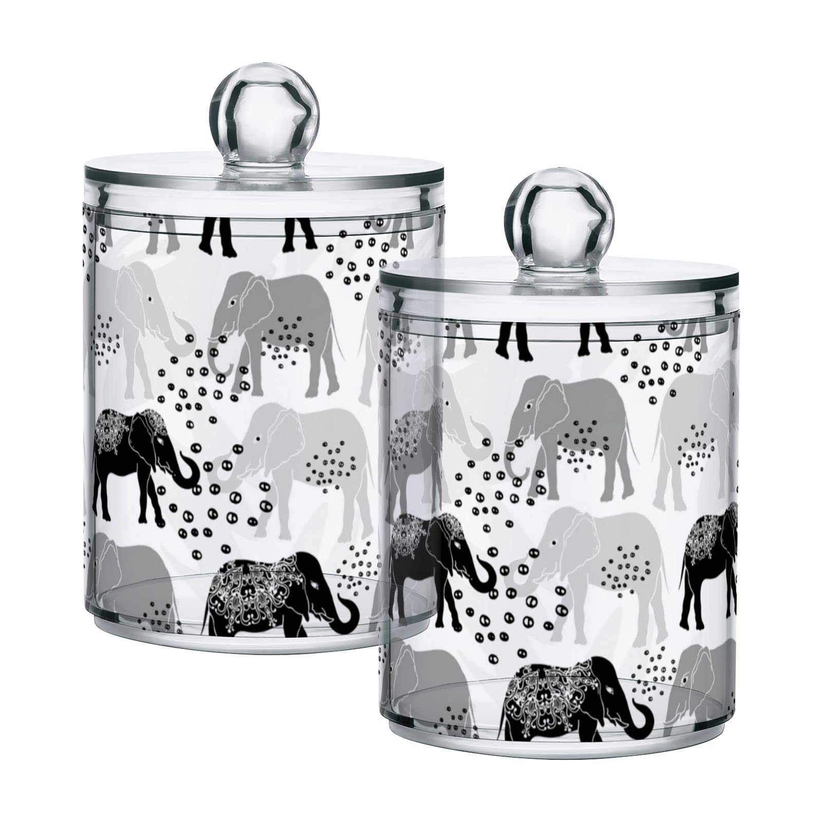 Trendy Ethnic Elephant Design Plastic Storage Jars with Lids - Set of 2 (10 oz) - Translucent Food Containers for Tea, Cookies & Cotton Swabs - Vintage Tribal Dot Pattern in Black & White - Perfect for Kitchen Organization & Pantry Storage