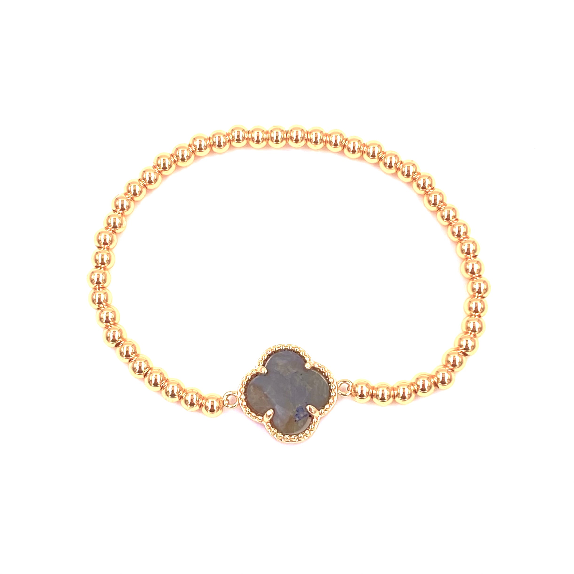 Ashley Gold Stainless Steel Gold Plated Semi-Precious Clover Ball Beaded Stretch Bracelet for Women - Perfect for Parties, Weddings & Everyday Wear