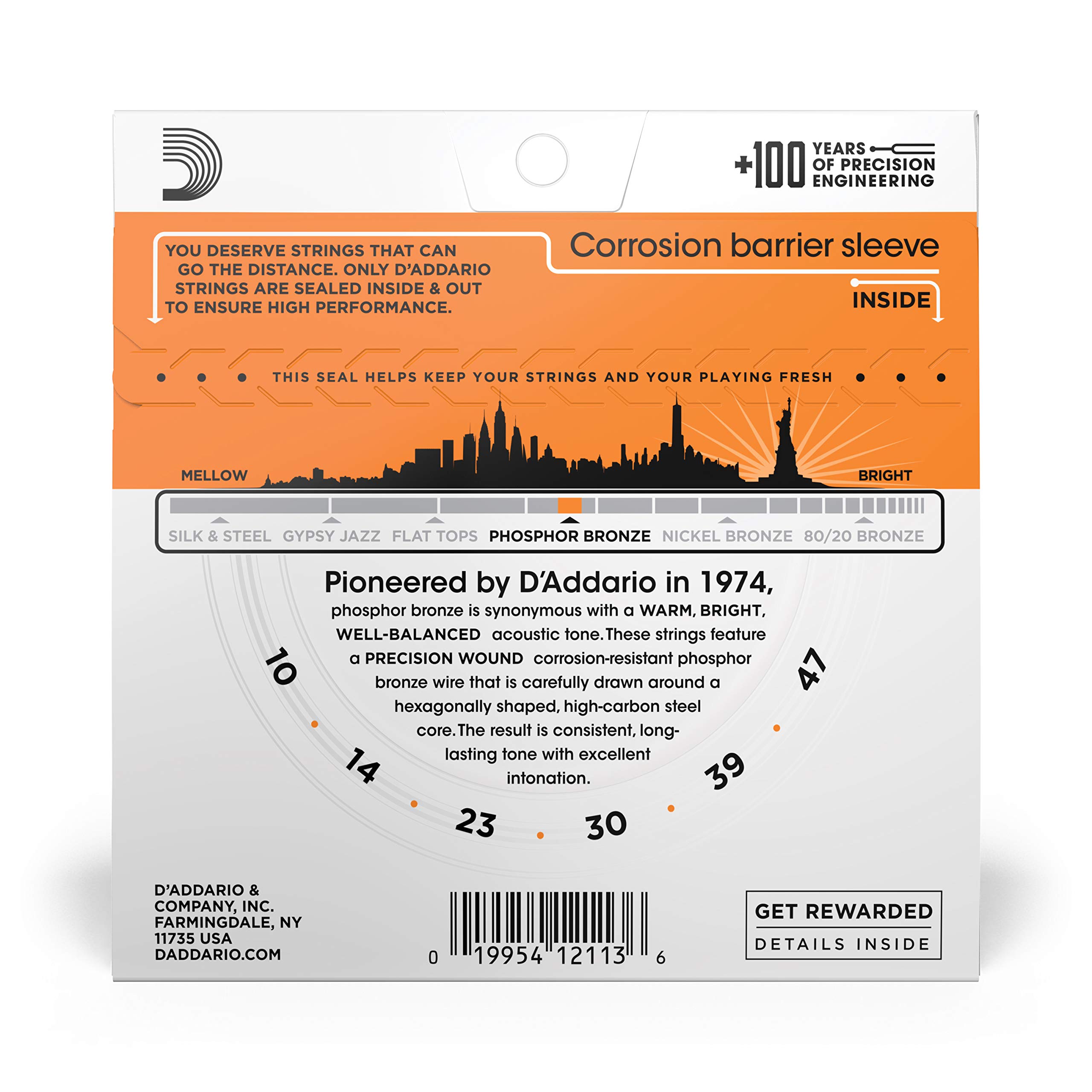 D'Addario EJ15 Phosphor Bronze Acoustic Guitar Strings 10-47 Extra Light - Warm Balanced Tone for 6-String Guitars - Perfect for Folk, Country & Fingerstyle Playing