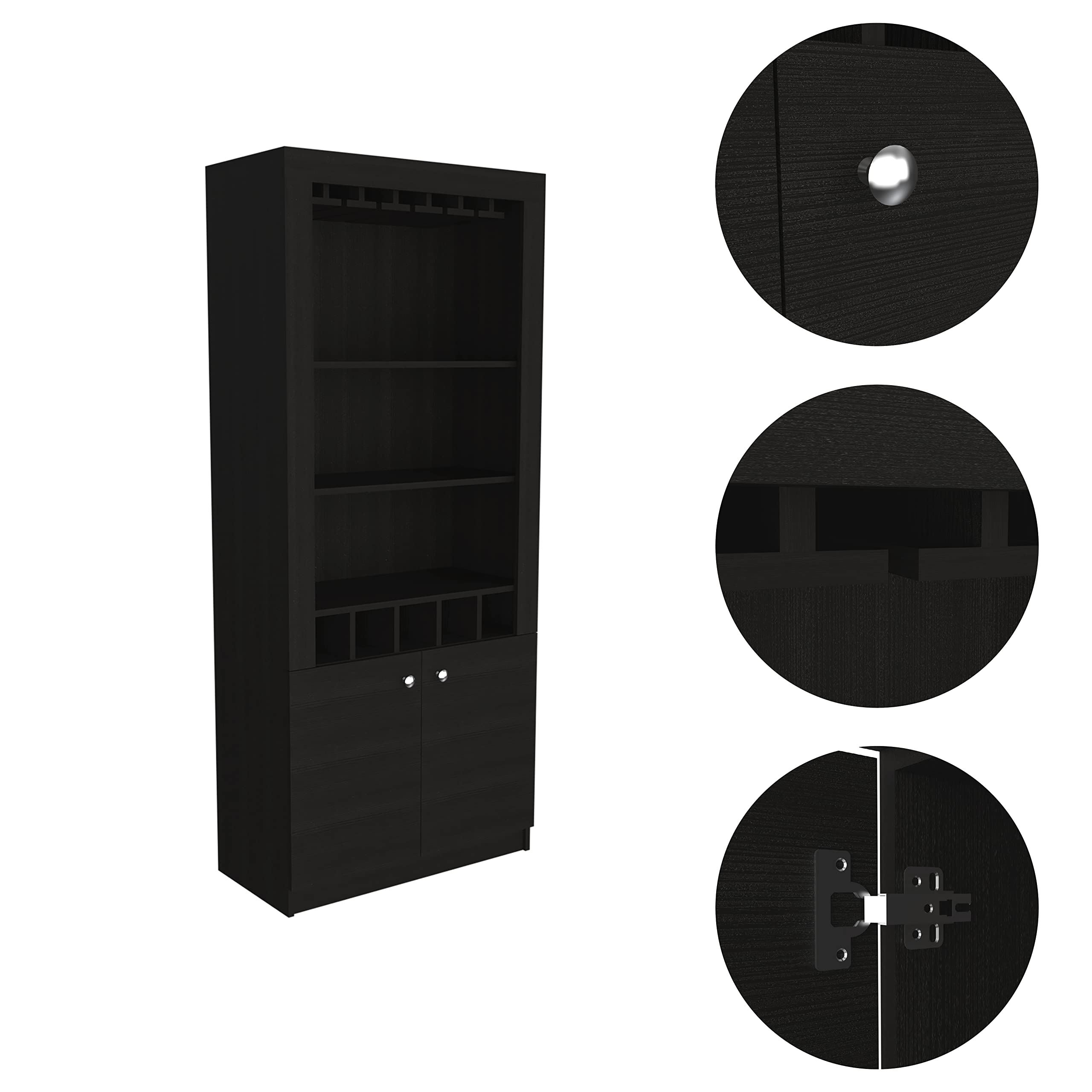 Modern Black Bar Cabinet with 10-Glass Wine Rack & 5-Bottle Storage - Double Door Cabinet with 3 Open Shelves for Home Bar, Dining Room or Entertainment Area - Elegant Wine Storage Furniture for Parties & Gatherings