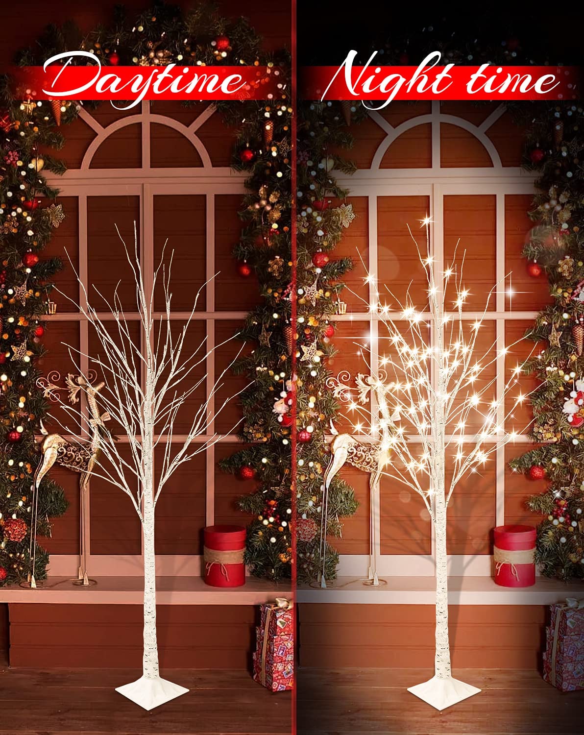MIERES Lighted Birch Tree - Pack of 3 Prelit Christmas Trees (4ft, 5ft, 6ft) | Indoor/Outdoor LED Holiday Decor for Porch, Home, Wedding & Parties | Warm White Lights for Christmas, Easter, Summer Festivals & Seasonal Celebrations