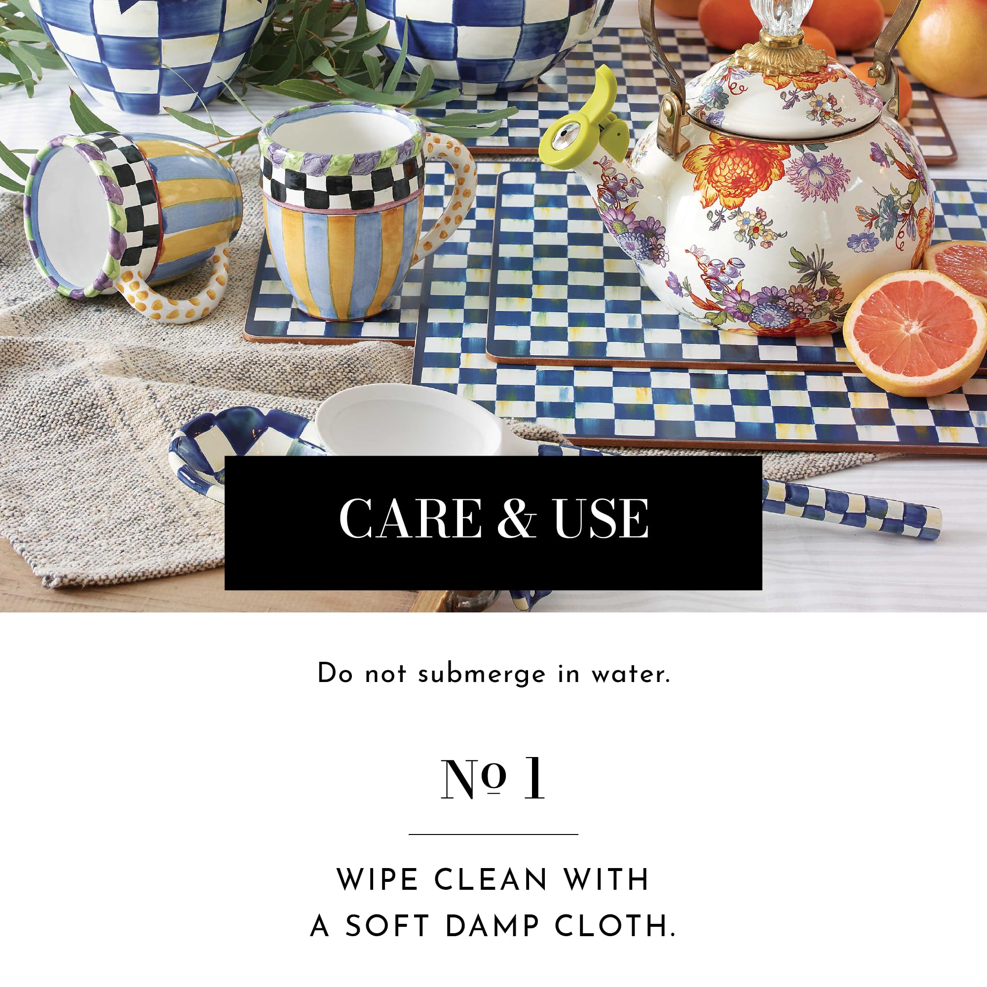 Royal Check Placemat and Coaster Set by MACKENZIE-CHILDS - 4 Placemats & 4 Coasters, Durable Hard Finish - Perfect for Formal Dining, Holiday Tablescapes & Elegant Home Decor