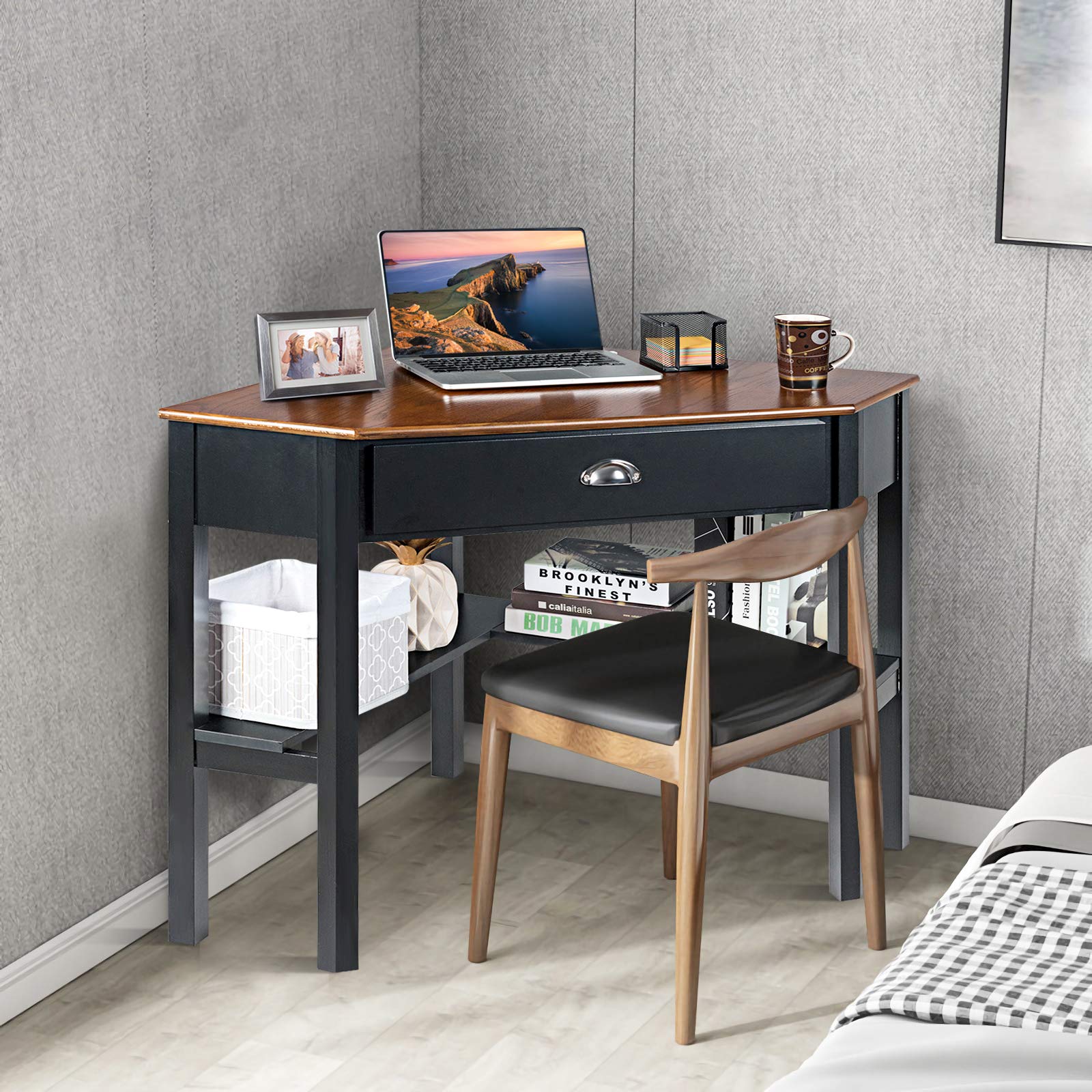 GOFLAME Compact Wooden Corner Desk for Home Office, Small Space Computer Desk with Drawer & Shelves, L-Shaped Writing Workstation for Laptop PC - Perfect for Home Office, Study Room & Coffee Nook