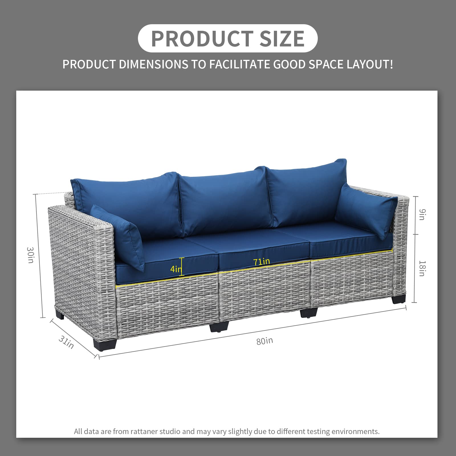 Rattaner 3-Piece Outdoor Wicker Patio Sofa Set - Grey Waterproof Deep Seat Couch with High Backrest, Anti-Slip Cushions & Navy Blue Cover - Perfect for Garden, Poolside, and Backyard Relaxation