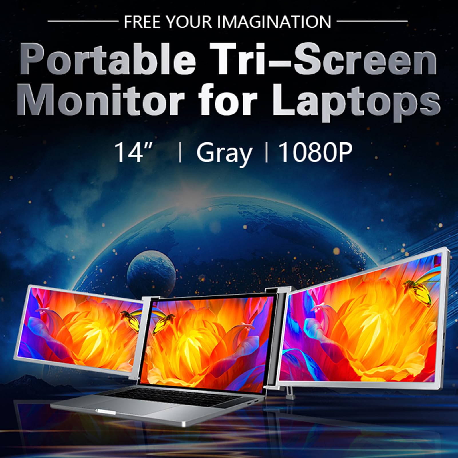 QOCAN 14 Inch Triple Portable Monitor for Laptop - 1920x1080 FHD Resolution, Plug & Play USB-C, Compatible with 14-17.3 Inch Laptops - Perfect for Work, Gaming & Multitasking