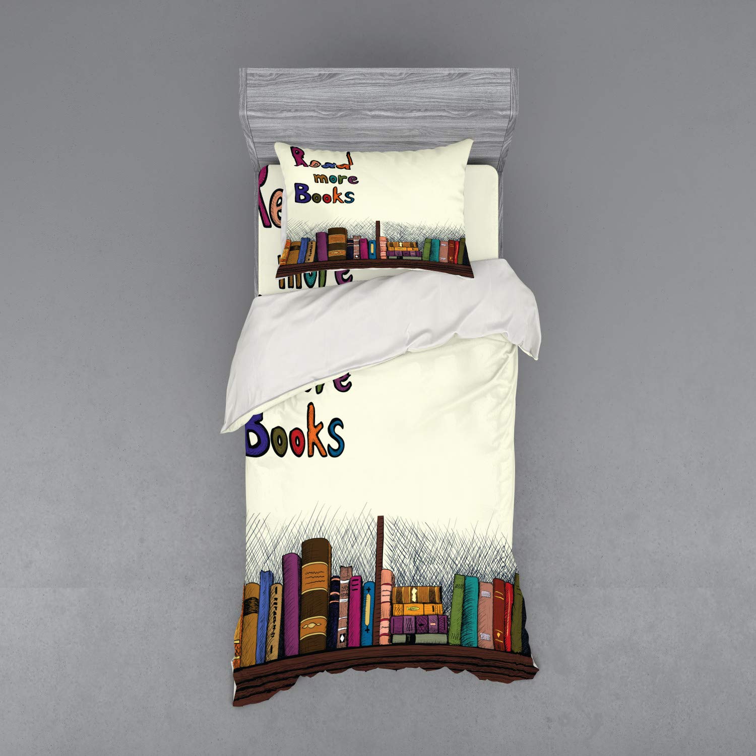 Ambesonne 3-Piece Book Lover Duvet Cover Set - Twin Size, Read More Books Print with Colorful Bookshelf Design, Includes Sham & Fitted Sheet - Perfect for Kids Rooms, Reading Nooks & Bookworm Decor