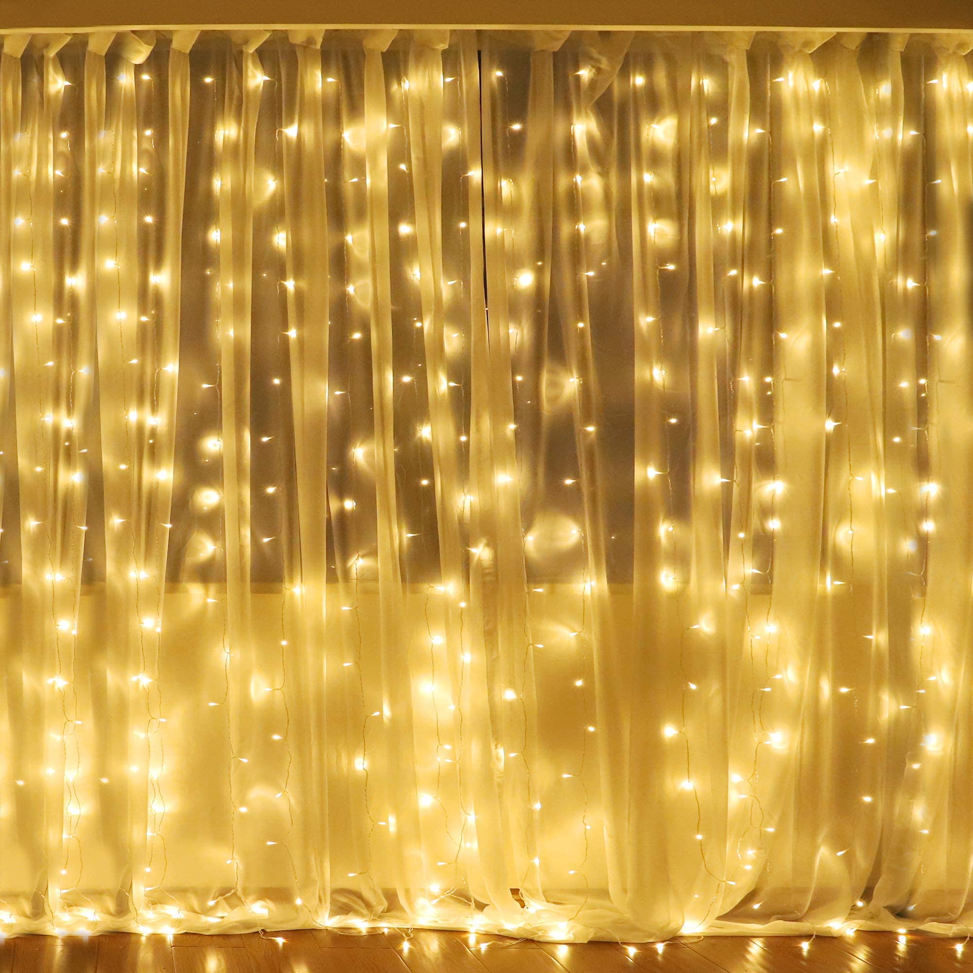 HEYFUNi Fiee Fairy 304 LED Curtain Lights - 9.8ft x 9.8ft Window Lights with 8 Lighting Modes & 100 LED 33ft Star String Lights (Warm White) - Perfect for Bedroom, Wedding, Party, and Outdoor Decor