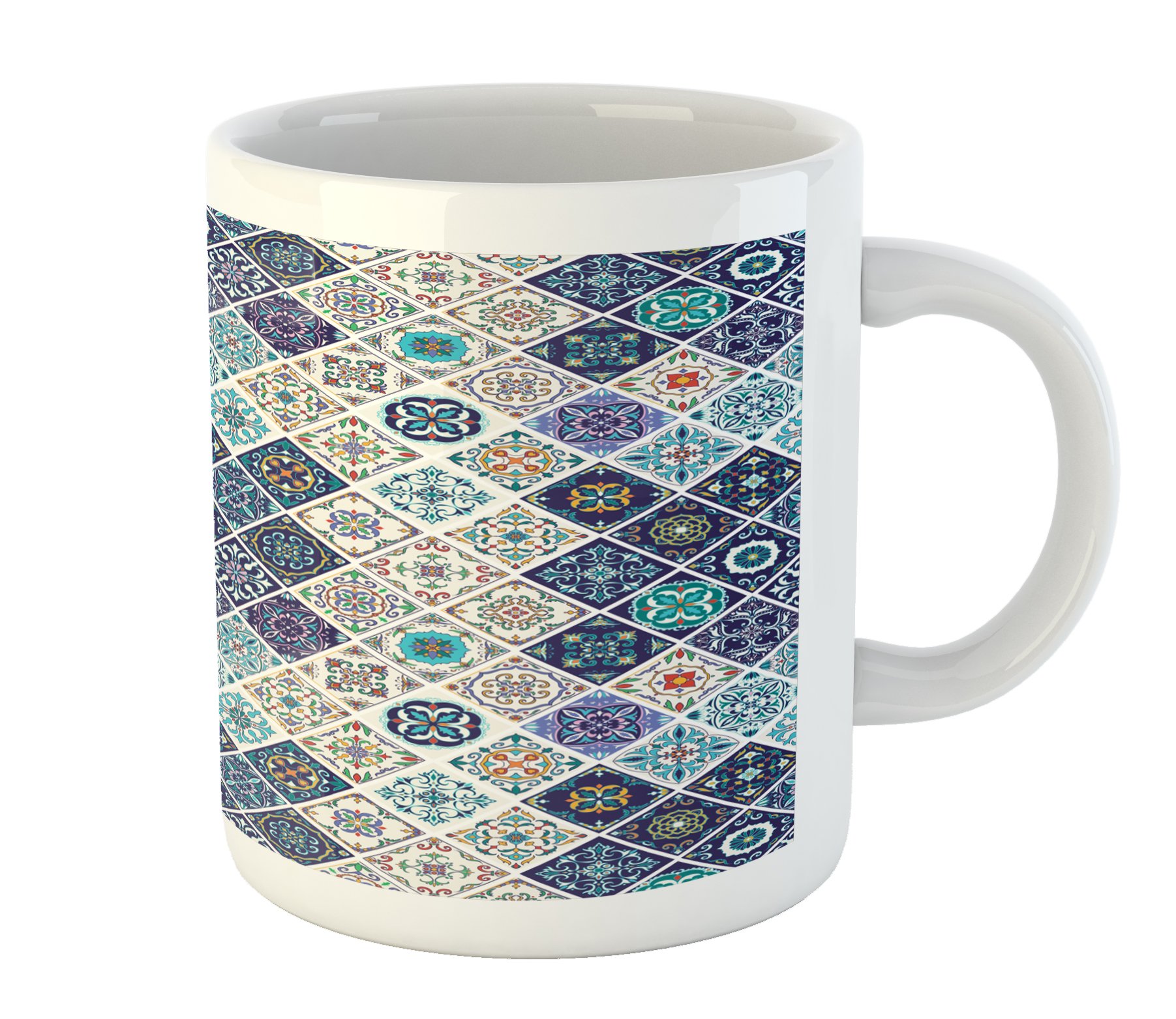Ambesonne Traditional Portuguese Azulejo Mosaic Coffee Mug - Moroccan Ceramic Design Printed Tea Cup for Hot & Cold Drinks - Perfect for Home, Office, and Gift Giving