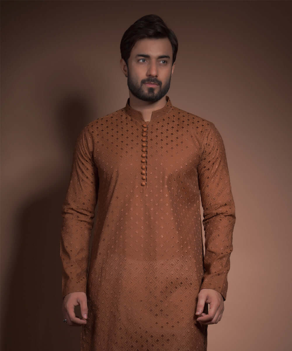 Burnt Sienna Brown Diamond Textured Kurta for Women | Traditional Indian Embroidered Tunic Top | Perfect for Festivals, Weddings & Cultural Events