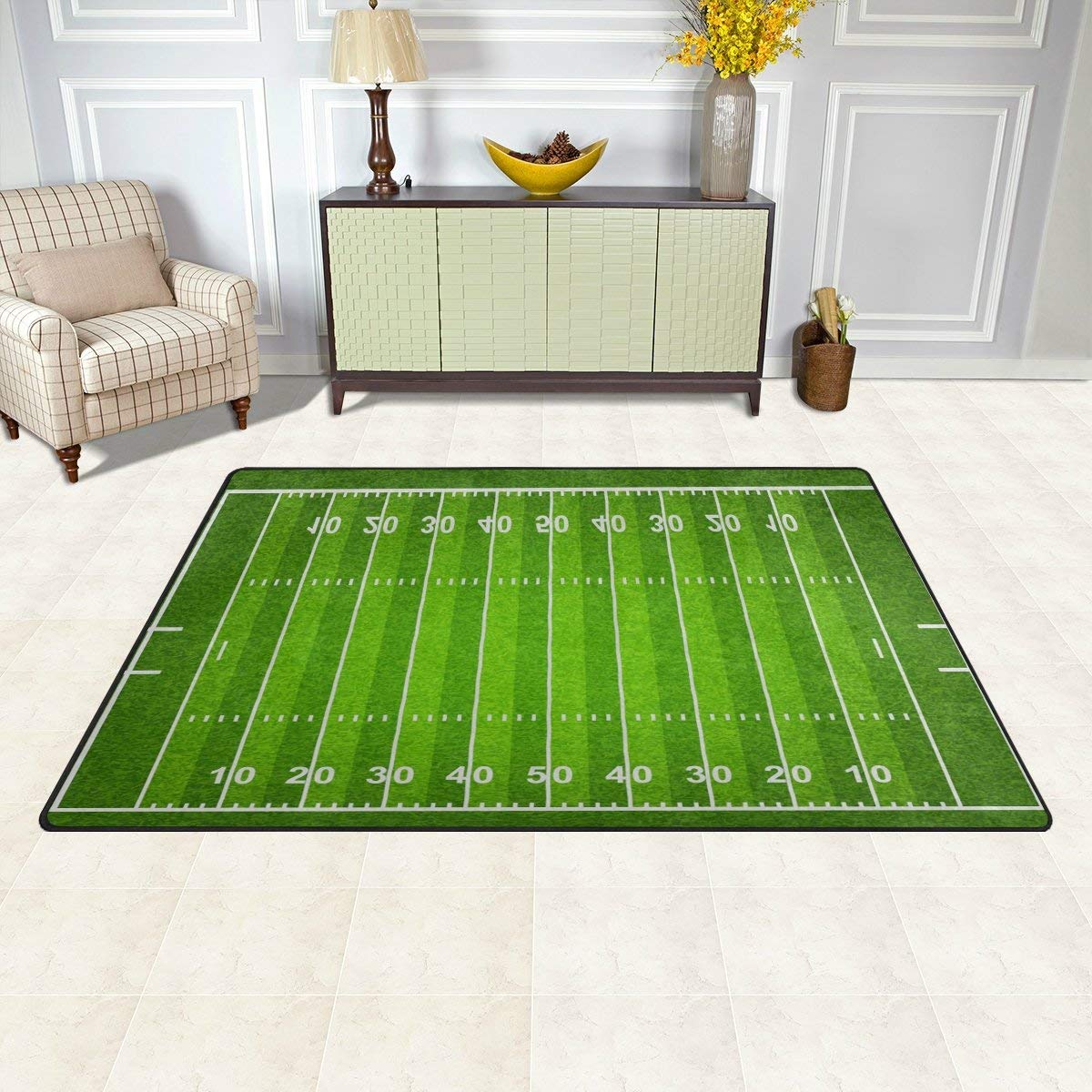 Premium American Football Field Area Rug - 5ftx6ft Soft Green Lawn Carpet with Non-Slip Backing | Washable Upholstery Rug for Living Room, Bedroom, Kitchen, Dining Room & Home Office | Perfect for Game Day Decor, Sports Themed Rooms & Man Cave Flooring