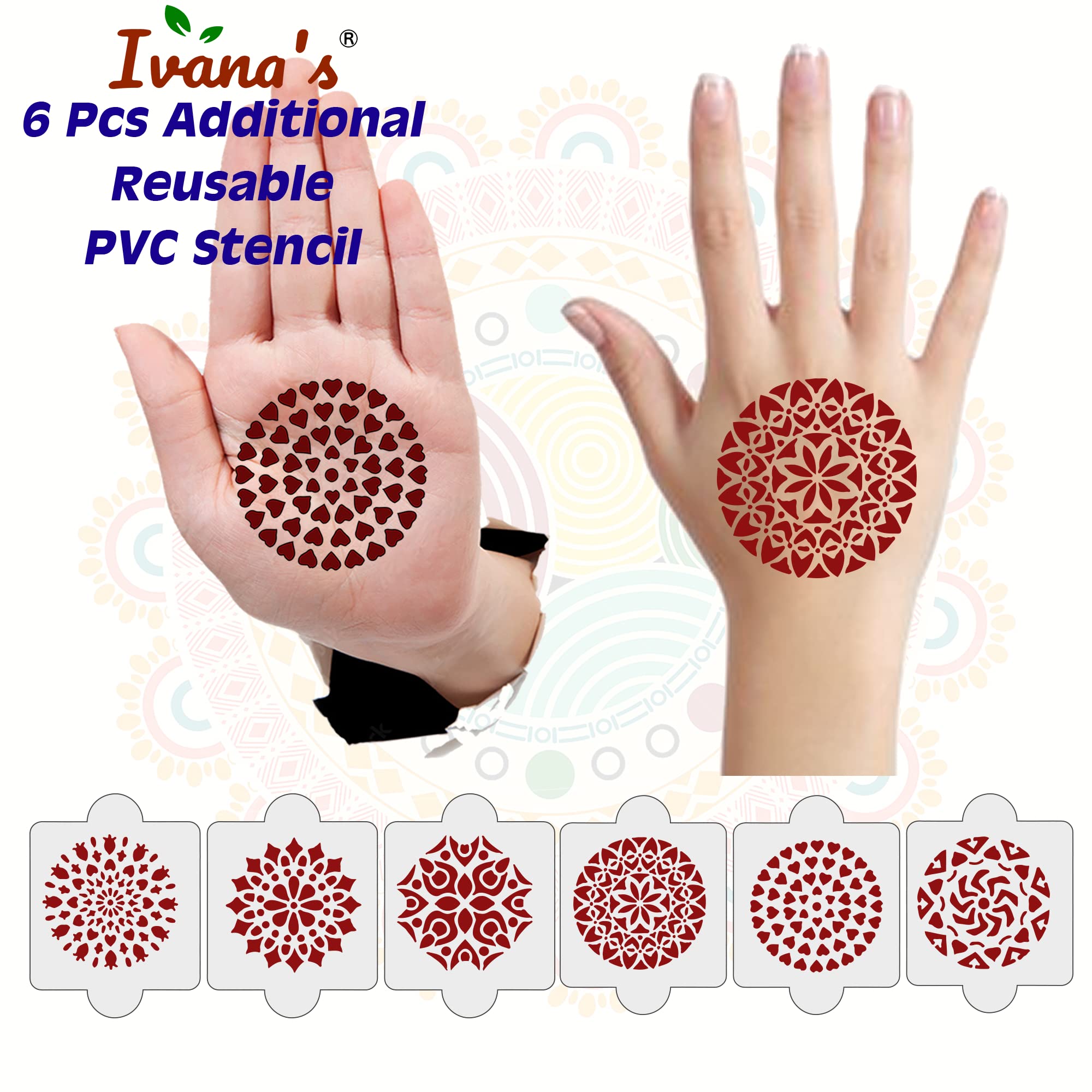 8-Piece Henna Tattoo Stencil Kit - 2 Henna Stencils & 6 Reusable PVC Laser-Cut Stencils for Women, Girls & Kids | Easy Application for Full Hand Mehndi Designs | Perfect for Weddings, Festivals & DIY Body Art (IVNH-1115)