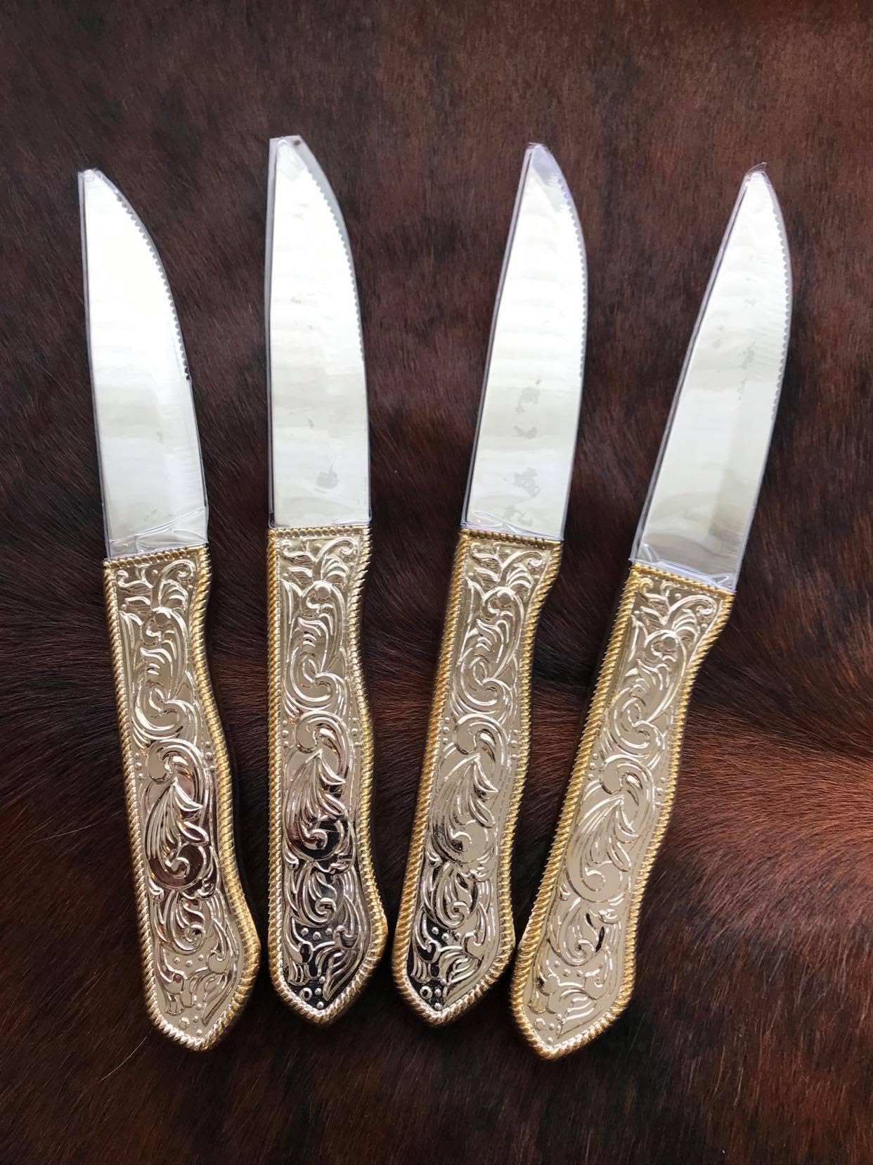 Premium Western Style Steak Knives Set of 4 - Stainless Steel with Decorative Buckle Design - Perfect for BBQ, Steak Dinners & Western Themed Parties