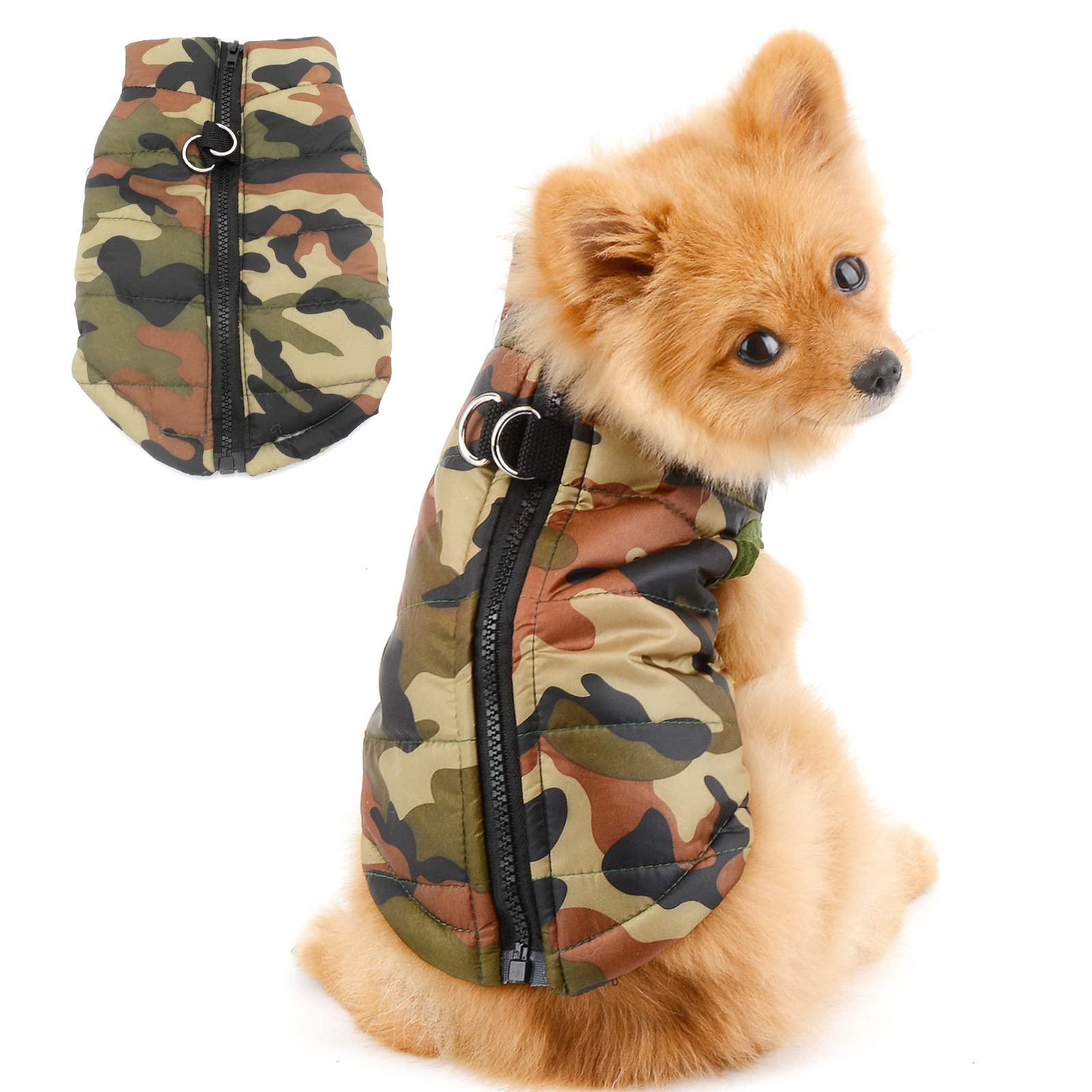 Waterproof Windproof Camouflage Dog Winter Puffer Coat with Leash D-Ring - Warm Puppy Jacket Harness & Soft Padded Vest for Small Dogs & Large Cats - Army Green Pet Snowsuit for Cold Weather Outdoor Adventures