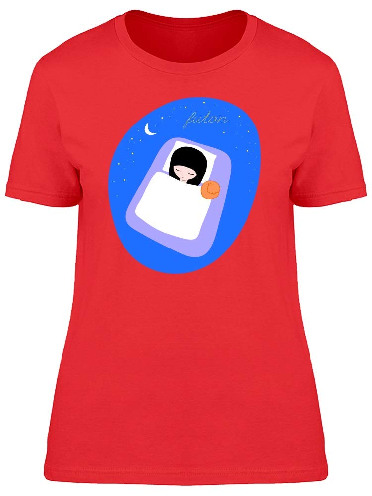 Women's Girl and Cat Sleeping On Futon Graphic T-Shirt - Cute Casual Tee for Cat Lovers, Anime Fans & Relaxing at Home
