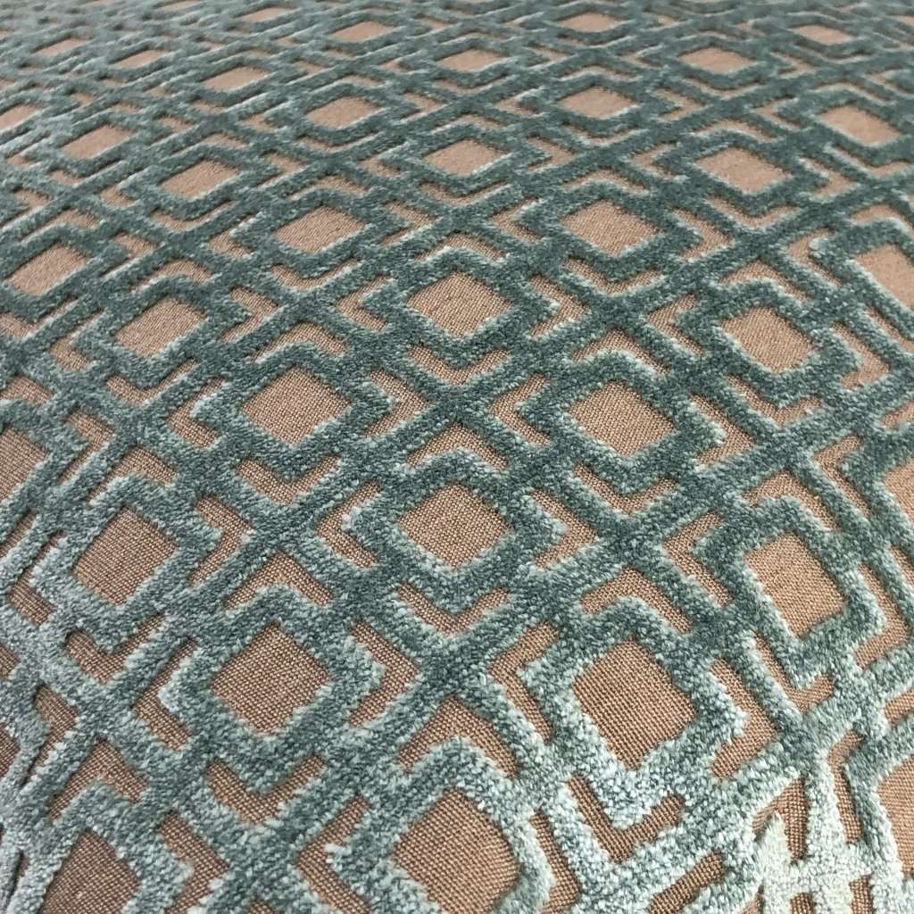 Quattro Mineral Blue Green Geometric Square Lattice Cut Velvet Pillow Cover - Luxury Decorative Throw Pillow Case for Sofa, Bed & Home Decor