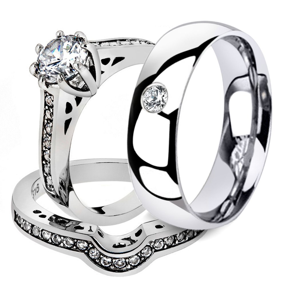 His & Her 3-Piece Stainless Steel Wedding Set - 1.85ct CZ Bridal & Zirconia Band for Couples