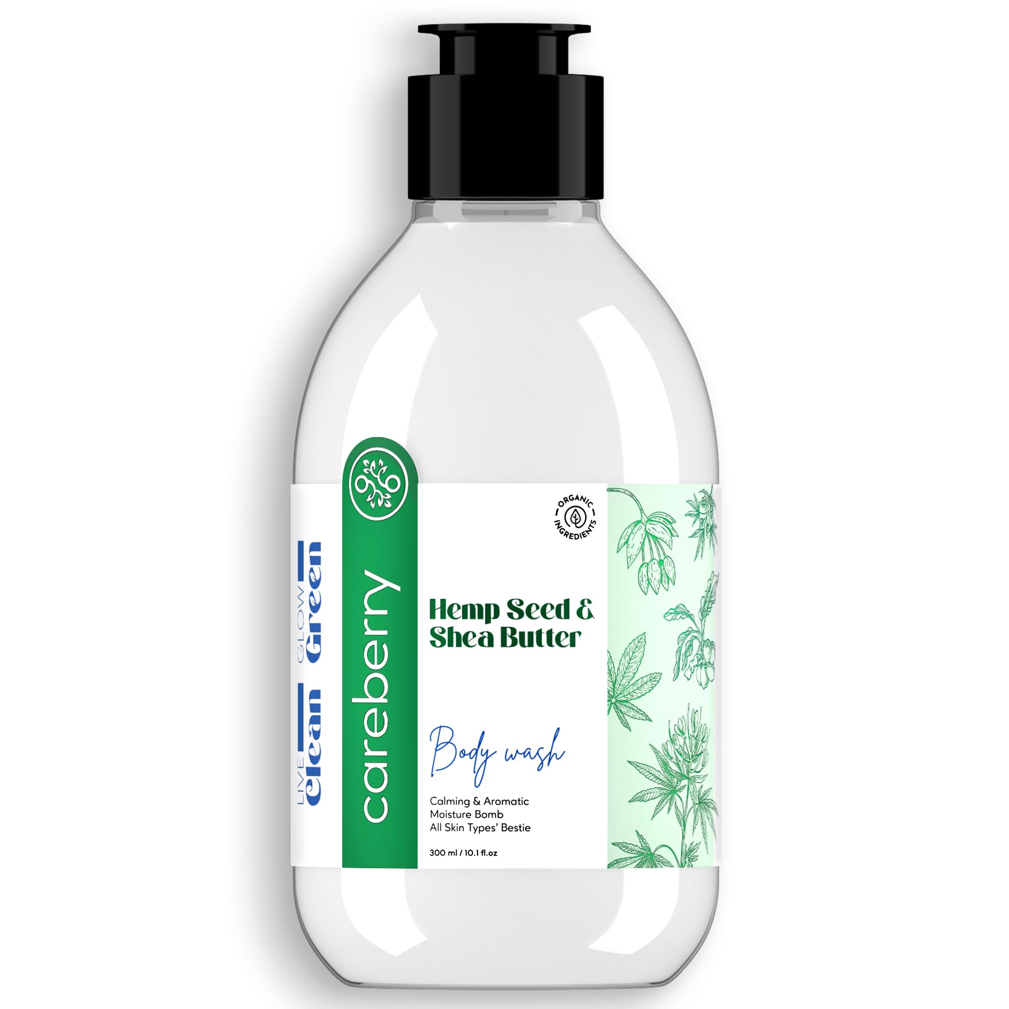 Careberry Hemp Seed Oil & Shea Butter Body Wash - Sulfate & Paraben Free, Ayurvedic Certified, 300ml | Daily Moisturizing for Dry Skin, Perfect for Shower & Bath Routine