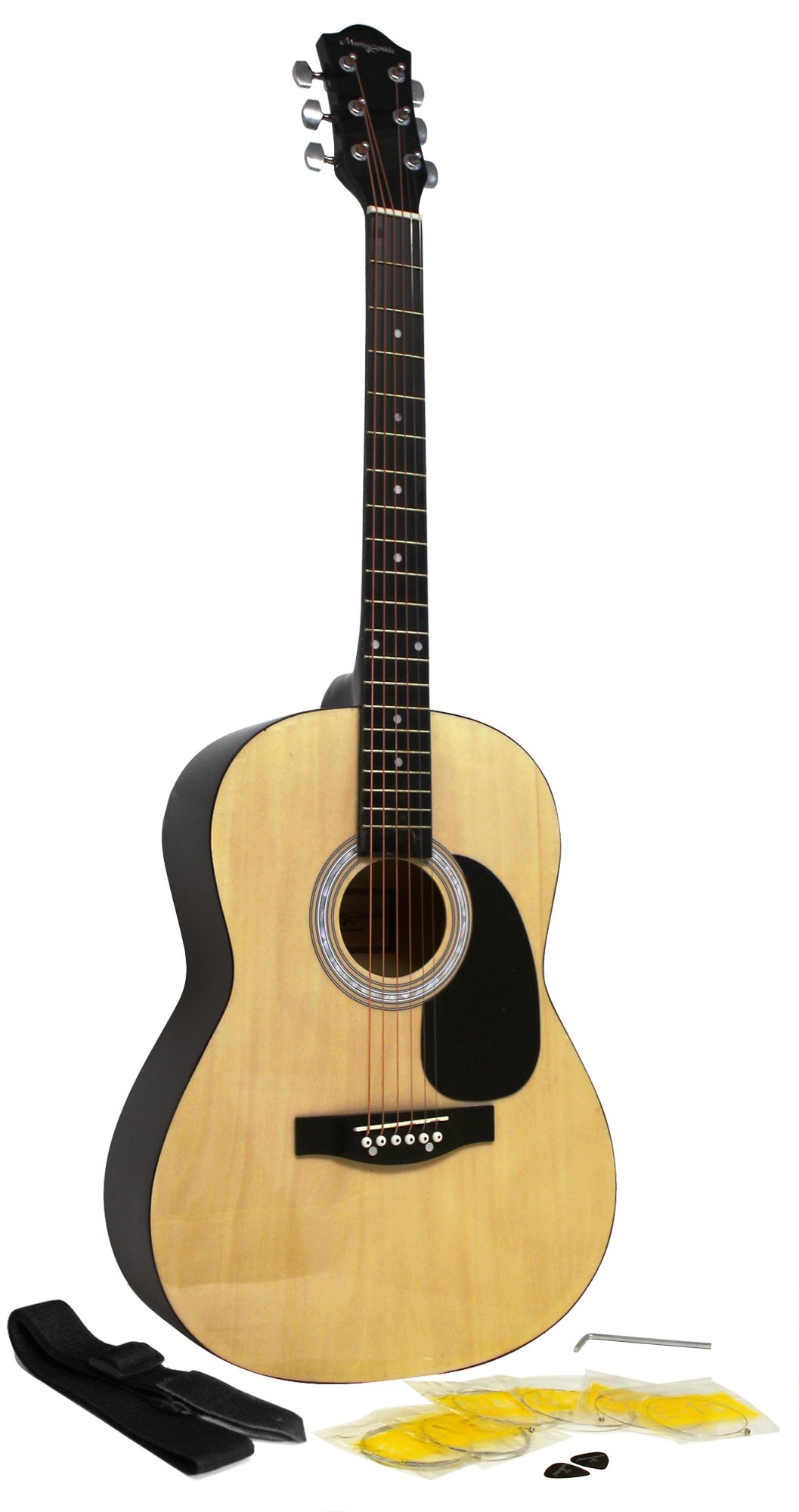 Martin Smith 6 Full Size Acoustic Guitar with Strap, Strings & Picks - Natural Wood Finish (W-100-N-PK) | Perfect for Beginners, Campfires & Home Practice