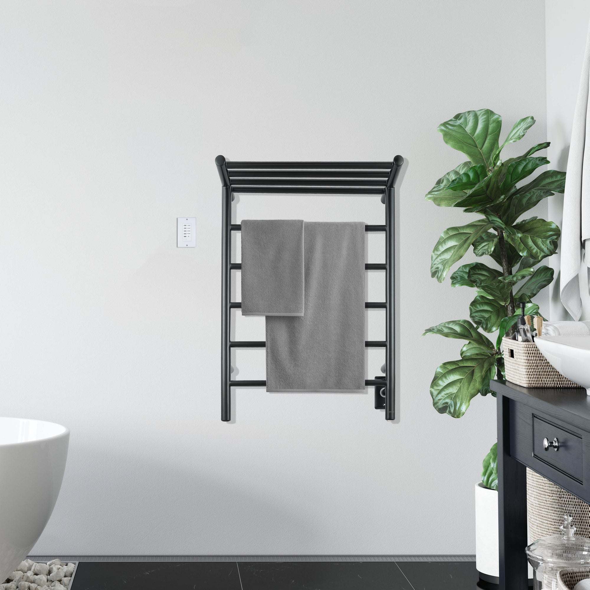 Ancona Miazzo 5 Bar Electric Wall Mount Towel Warmer - Plug In & Hardwire with Shelf & Timer - Matte Black - Perfect for Bathroom, Spa & Luxury Home Heating