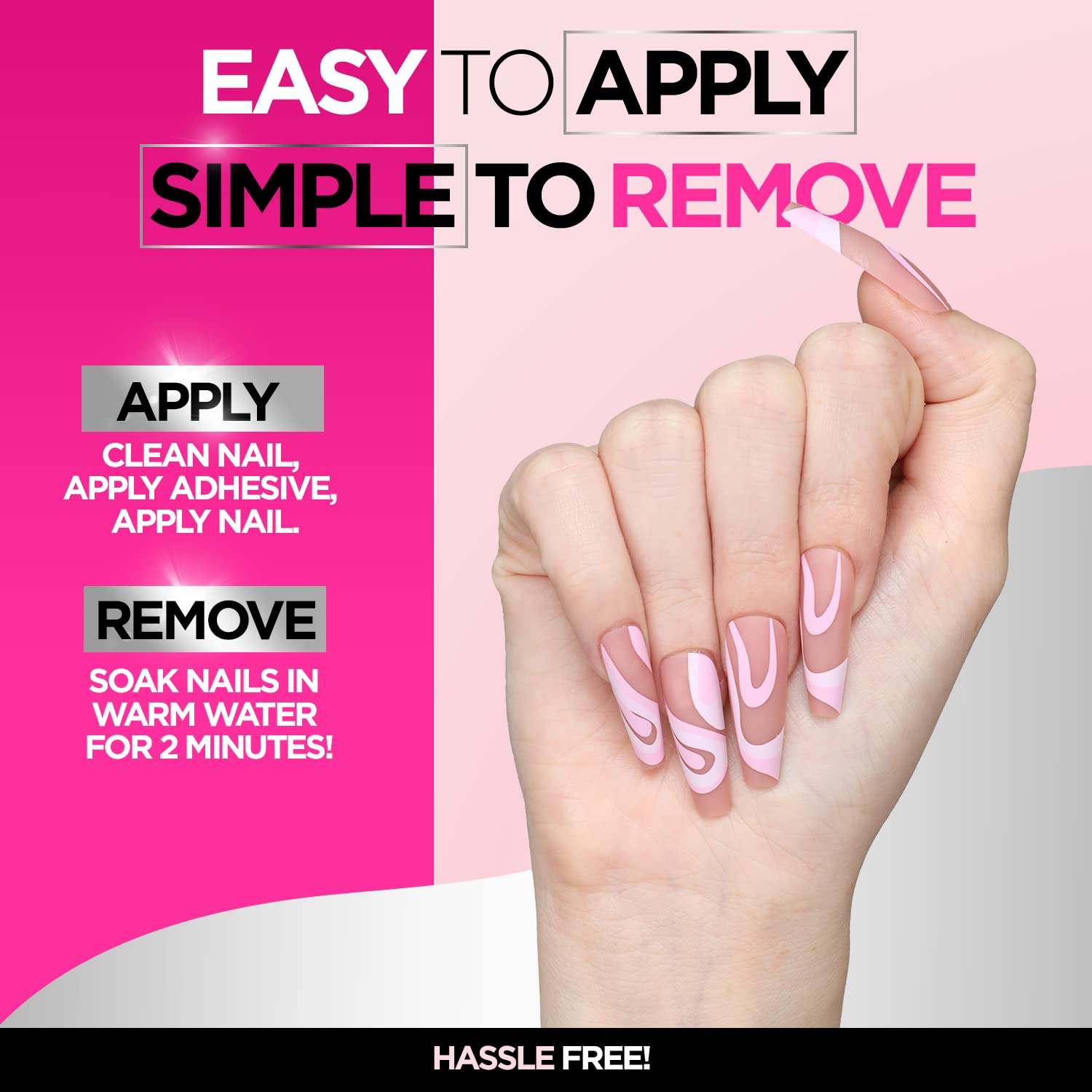 24-Piece Long Press on Nails Kit for Women - Acrylic Fake Nails with Glue, Stickers, Nail File & Cuticle Stick (Pink Swirl) - Perfect for Parties, Weddings & Everyday Glam