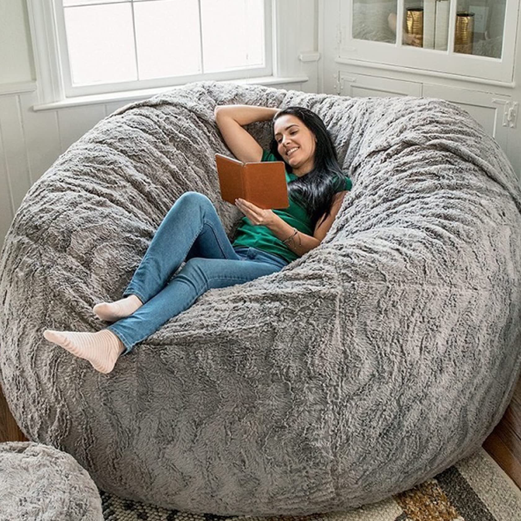 Giant Bean Bag Chair for Adults - 5ft, 6ft, 7ft Oversized Fluffy Fur Bean Bag Couch Cover (No Filler Included) - Large Comfy Lazy Sofa for Bedroom, Living Room, Game Room - Perfect for Lounging, Relaxing & Movie Nights