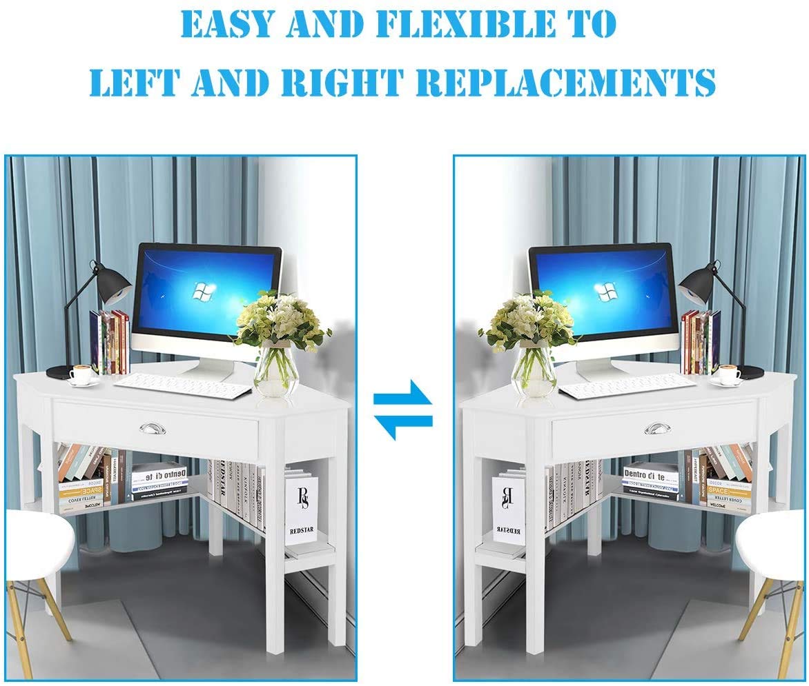 LDAILY White Corner Desk - Compact Triangle Makeup Vanity & Writing Desk with Storage Shelves & Drawer, Space-Saving Computer Desk for Small Bedroom, Home Office | Perfect for Makeup, Study, Work & Home Office Organization